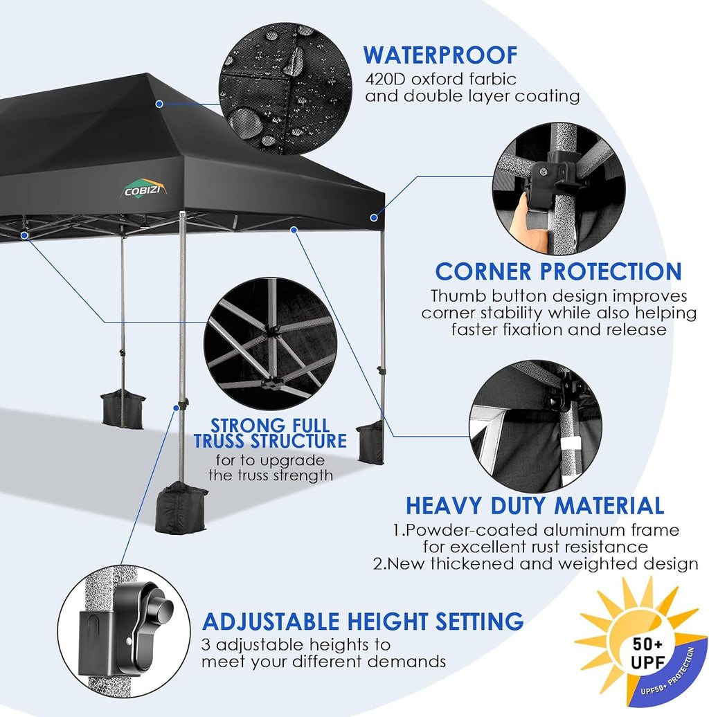COBIZI 10x20 Heavy Duty Pop up Canopy Tent with 6 sidewalls Easy Up Commercial Outdoor Wedding Party Tents for Parties All Season Wind & Waterproof Gazebo Roller Bag, Black(Frame Thickened)