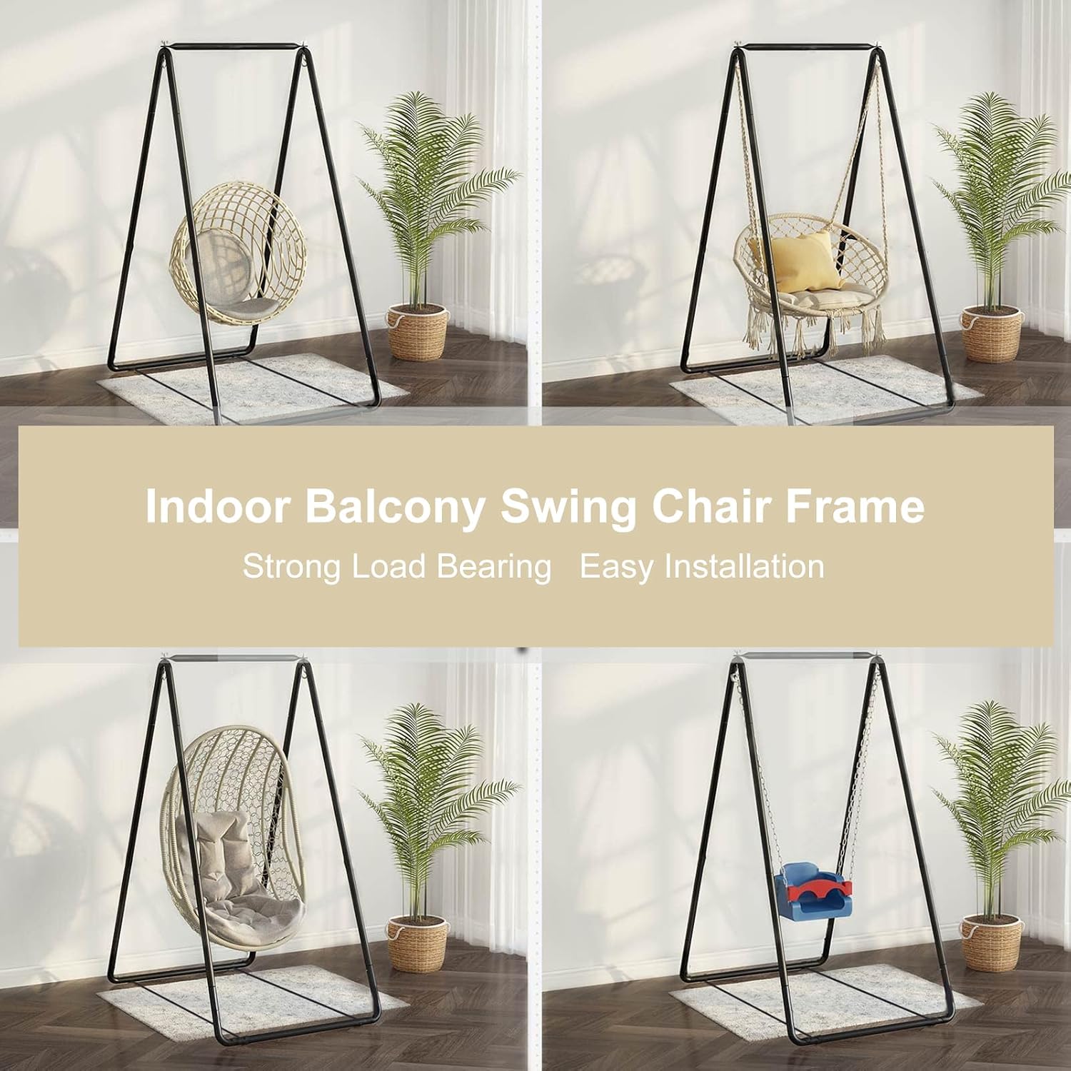 Swing Hammock Stand, A-Shaped Strong Load Bearing Hammock Stand, Anti-Deformed Hammock Chair Stand Swing Support Rack for Home or Outdoor (Black)