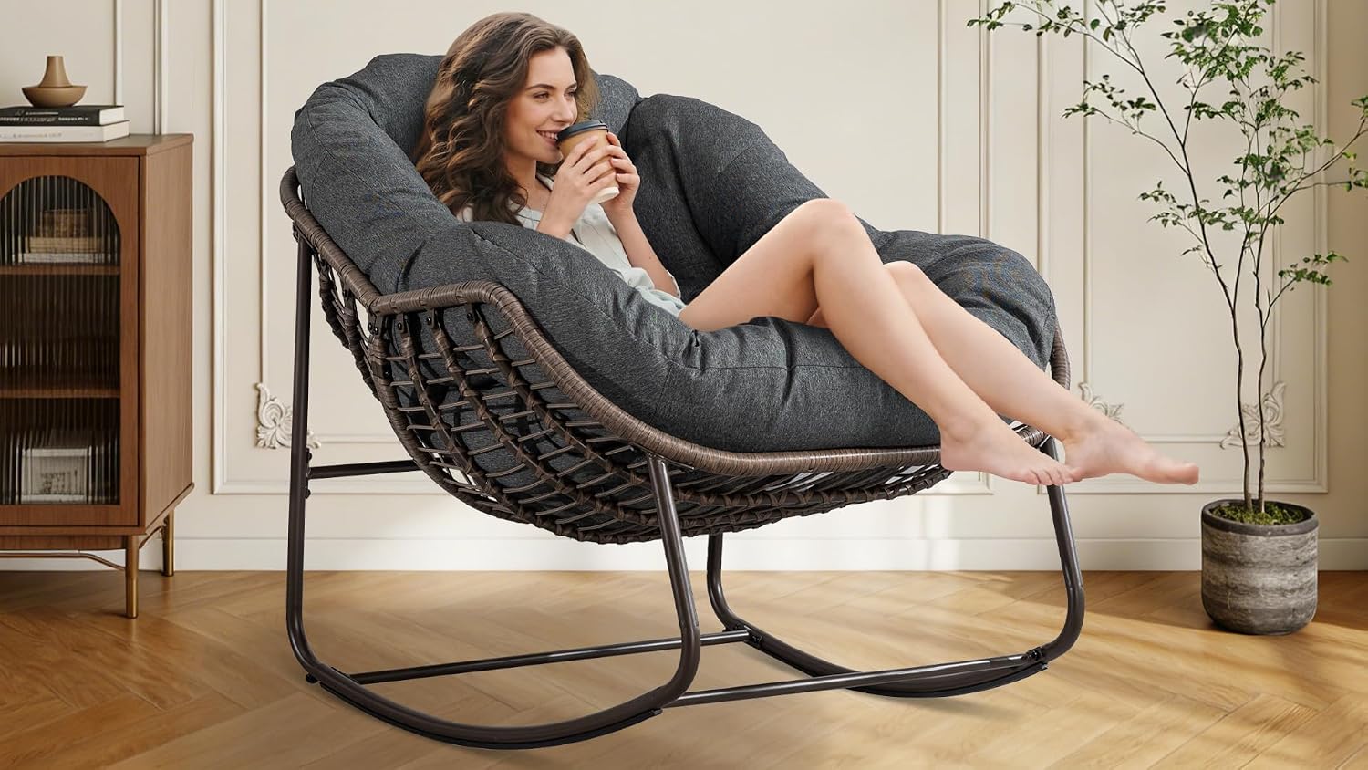 Oversized Papasan Rocking Chair - Outdoor Luxury Comfy Patio Chair Indoor Egg Royal Rattan Rocking Chair with Cushion for Front Porch Lounge Lawn Bedroom Living Room (Grey)
