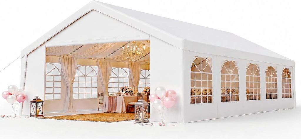Aoxun 16x32 Party Tent Canopy for Weddings Waterproof Event Tent with Removable Sidewalls &Roll-up Door, Heavy-Duty Steel Frame for Outdoor Weddings, BBQ, Birthday Parties, & Camping,White