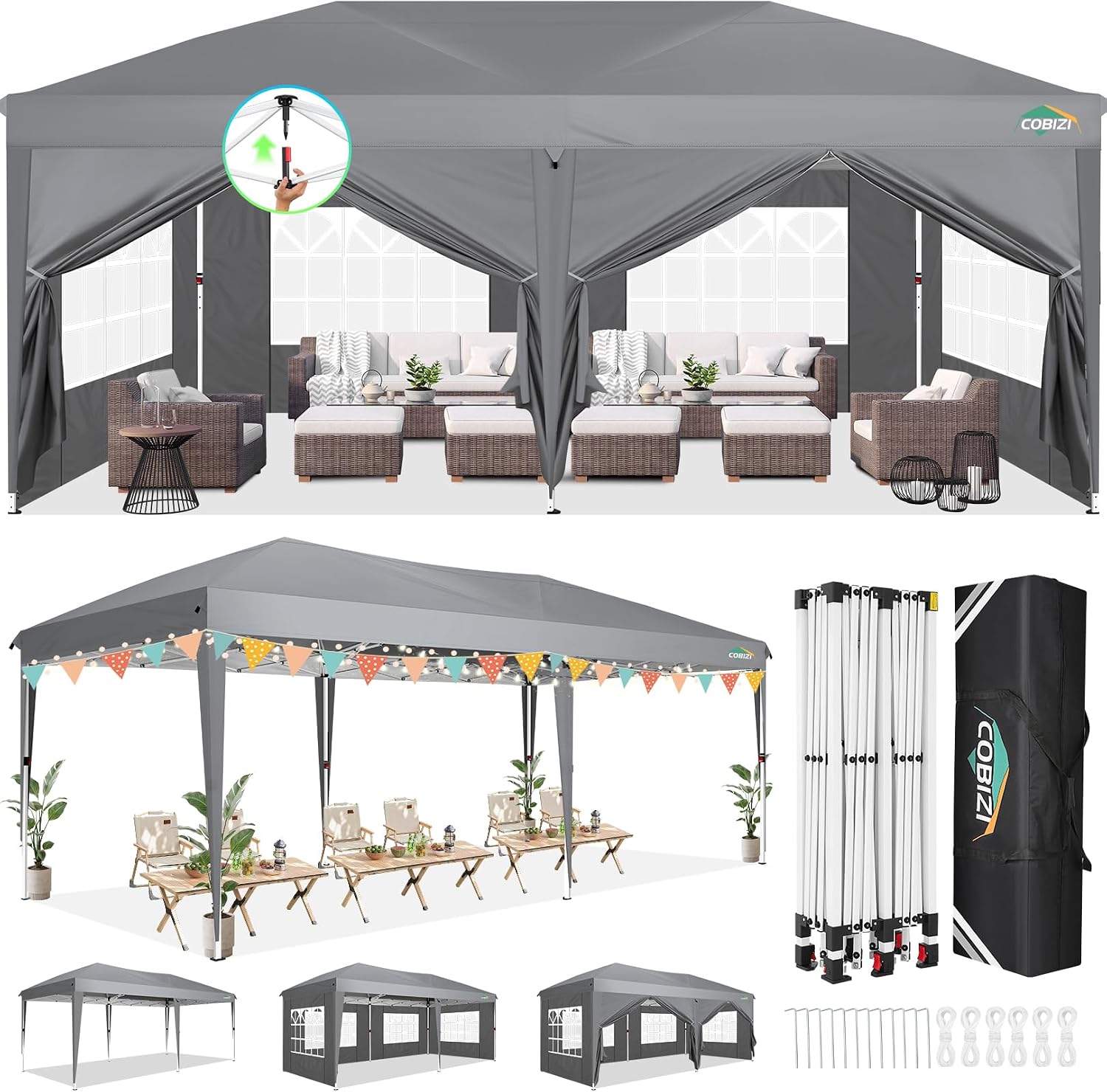 COBIZI 10x20 FT Pop up Canopy Tent with Sidewalls, Party Tents for Parties, Carpas para Fiestas, Easy Set Large Outdoor Popup Patio Gazebo for Backyard,Weddings,Vendor,Commercial Event,Gray (Upgrade)