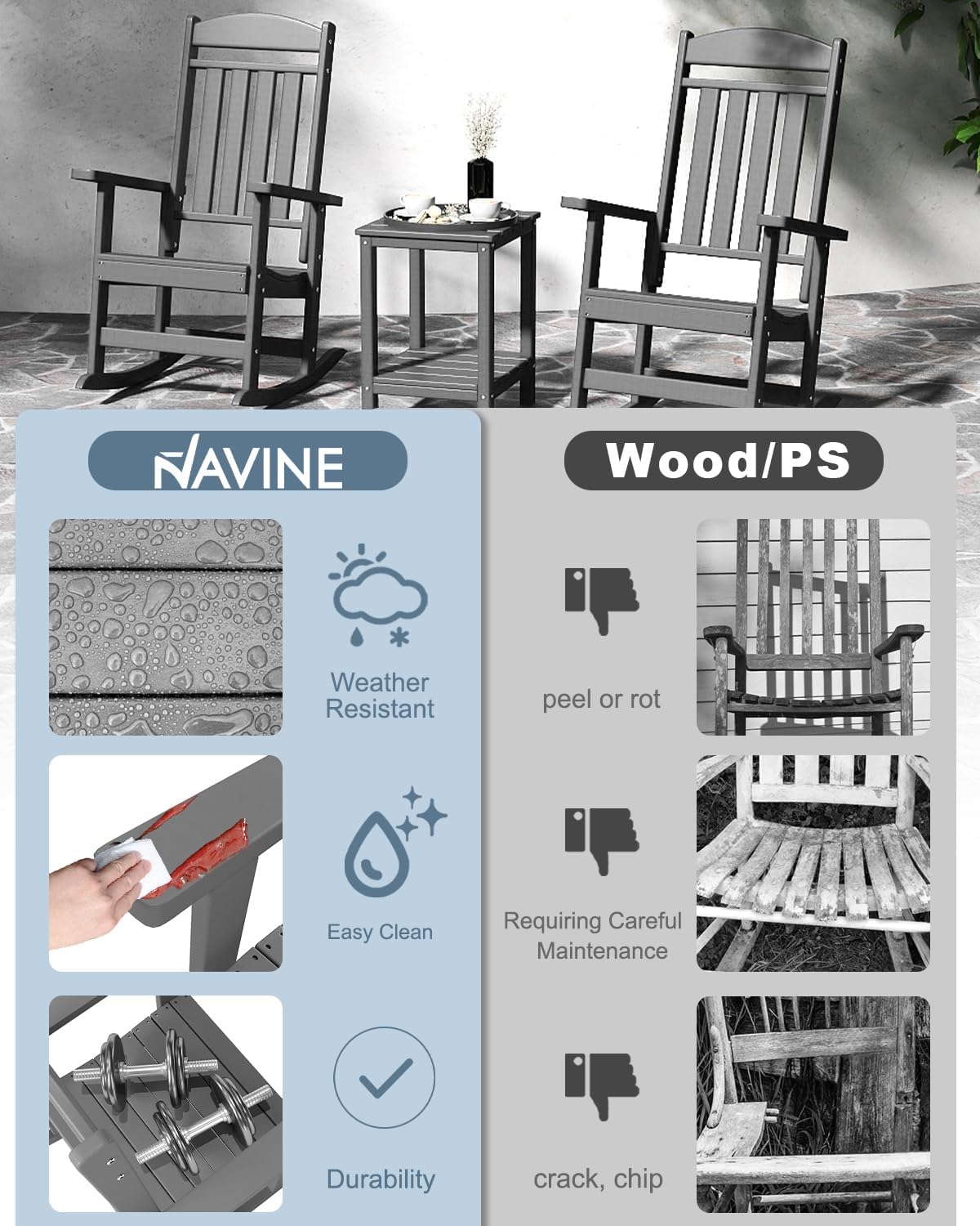 NAVINE Outdoor Rocking Chairs Set of 2, Oversized High Back Patio Rocking Chairs, All Weather Porch Rocking Chairs for Outside. Dark Grey