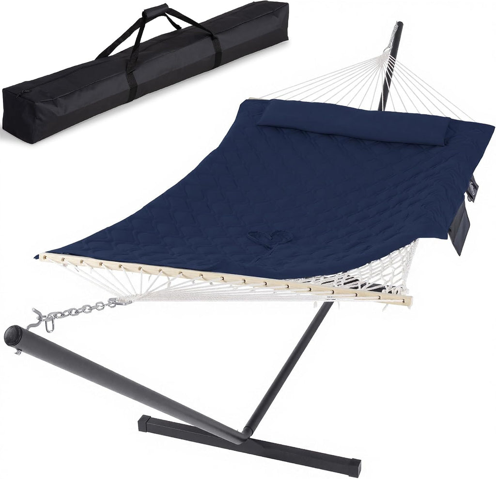 SUNCREAT Two Person Hammock with Stand, Carrying Bag, Heavy Duty Backyard Hammock and Stand, Navy Drops