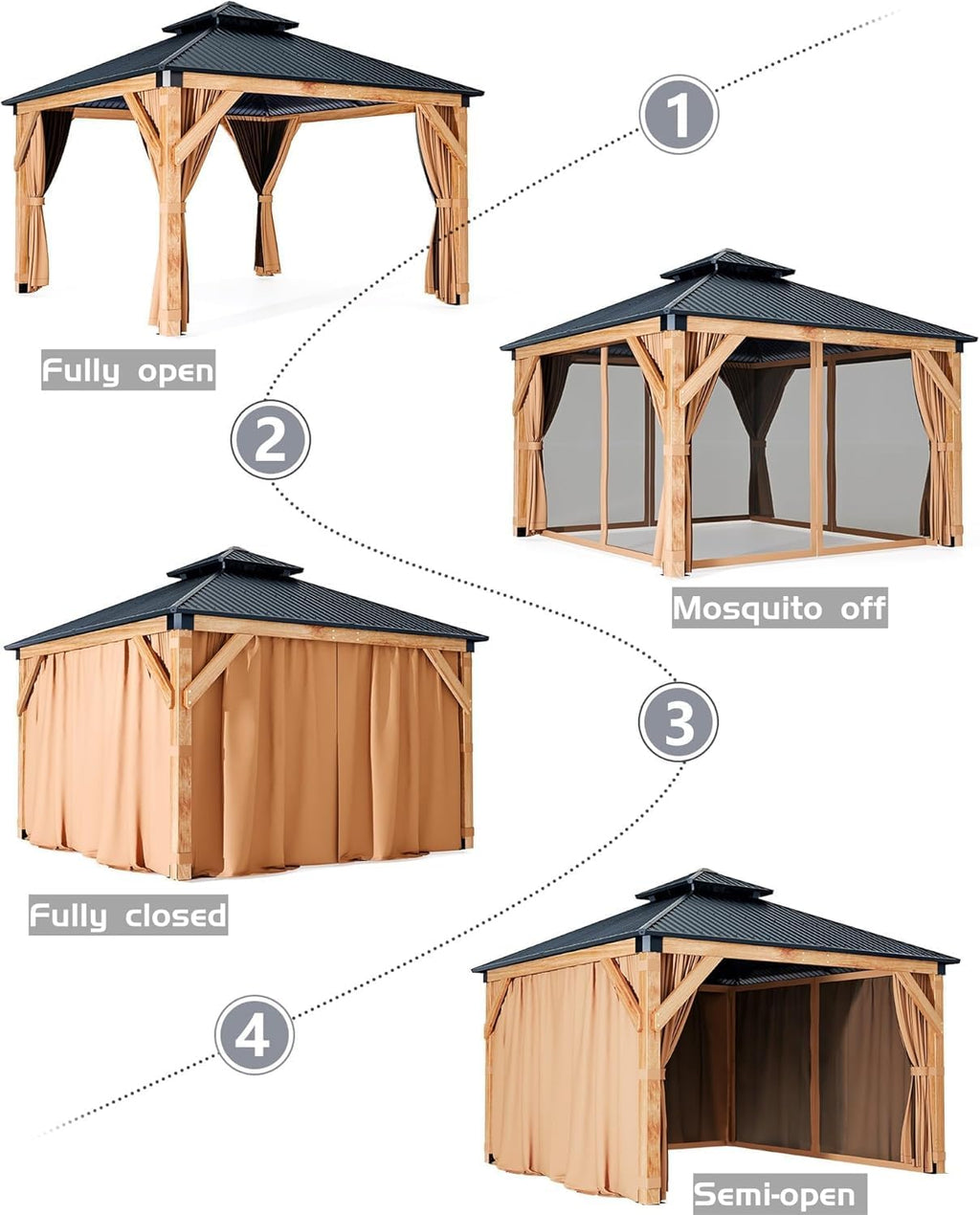 10 * 12FT Hardtop Gazebo Outdoor Wood Gazebo Canopy Shelter with 4-Post Wooden, Netting & Curtains Double-Top Design for Patio Backyard Garden Wedding Party