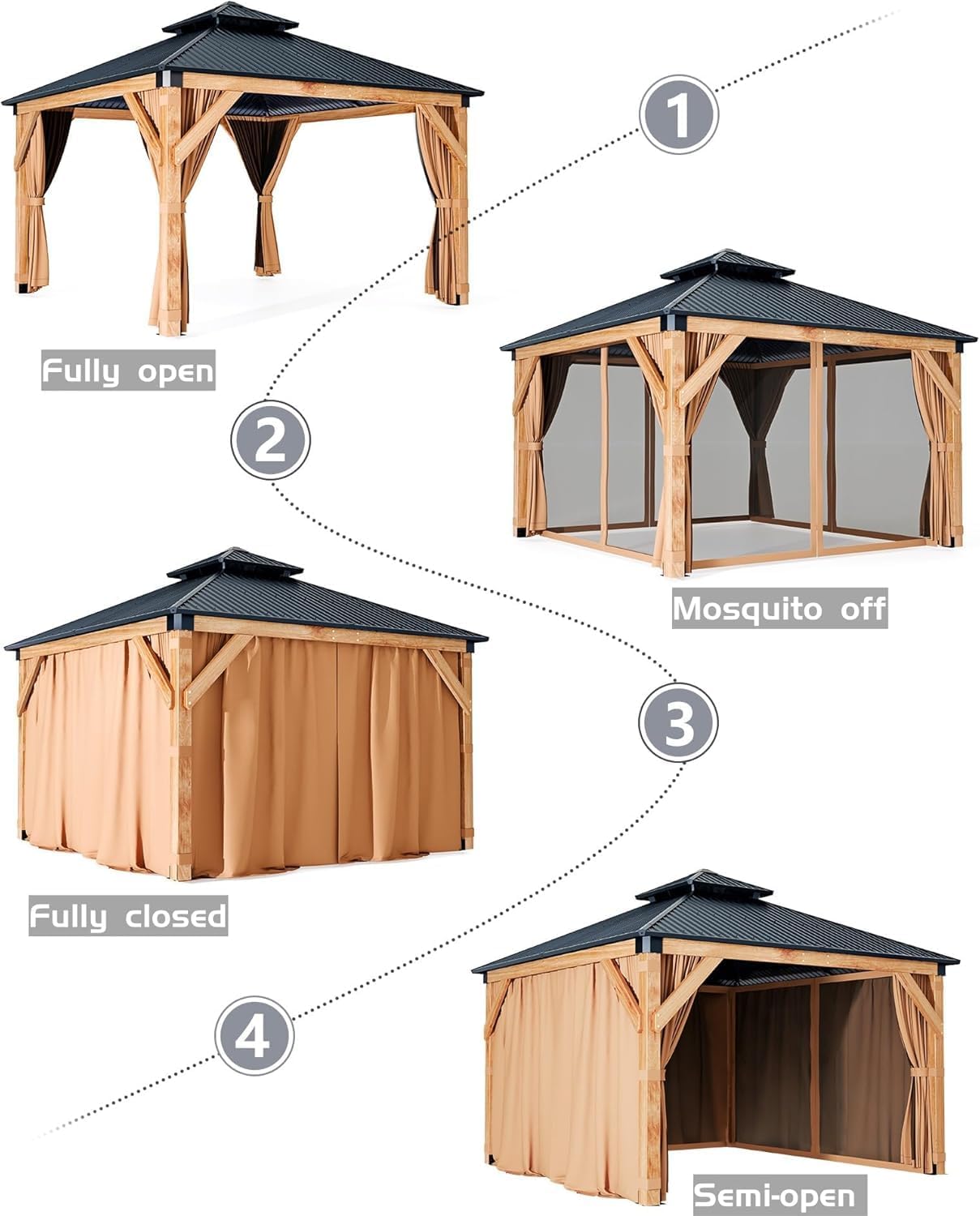 10 * 12FT Hardtop Gazebo Outdoor Wood Gazebo Canopy Shelter with 4-Post Wooden, Netting & Curtains Double-Top Design for Patio Backyard Garden Wedding Party