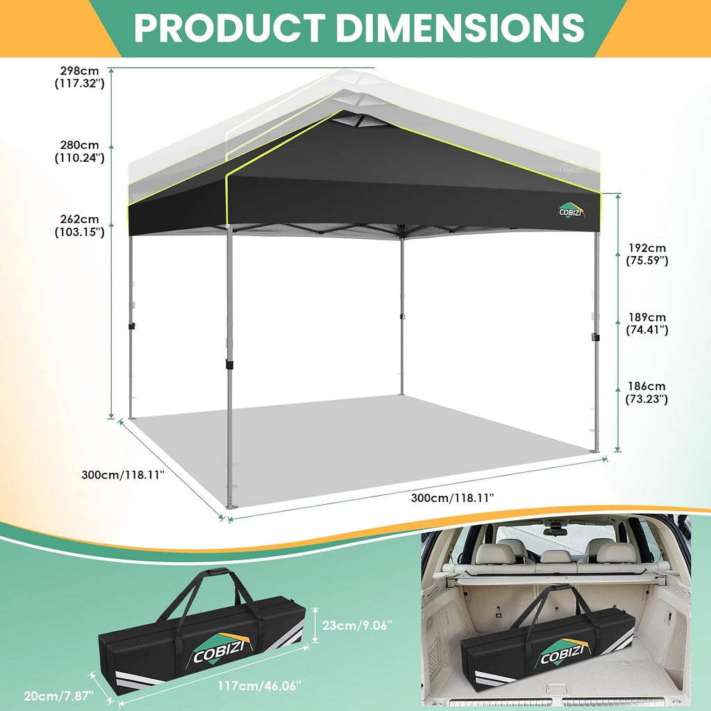 COBIZI 10x10 Pop Up Canopy Tent, Outdoor Party Tent with 4 Sidewall One Push Setup Glow, 3 Adjustable Height Air Vent Waterproof UPF50+, Bag, 4 Sandbag, 8 Stake, 4 Rope for Beach, Commercial