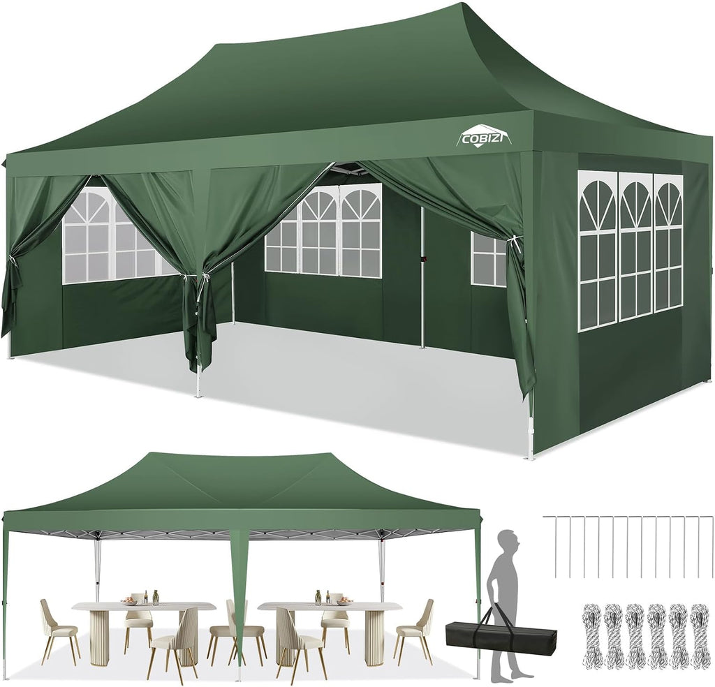 COBIZI 10x20 Pop Up Canopy with 6 Sidewalls,10x20 Canopy Tent Frame Upgraded with 3 Adjustable Heights,Waterproof UV50+ Outdoor Party Commercial Ez Up Gazebos with Carry Bag(10 x 20 ft Green)