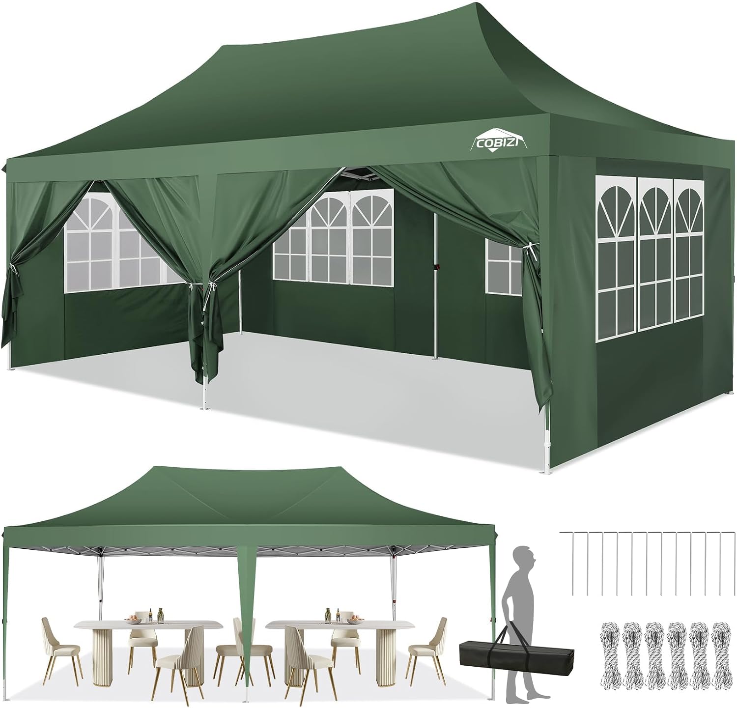 COBIZI 10x20 Pop Up Canopy with 6 Sidewalls,10x20 Canopy Tent Frame Upgraded with 3 Adjustable Heights,Waterproof UV50+ Outdoor Party Commercial Ez Up Gazebos with Carry Bag(10 x 20 ft Green)