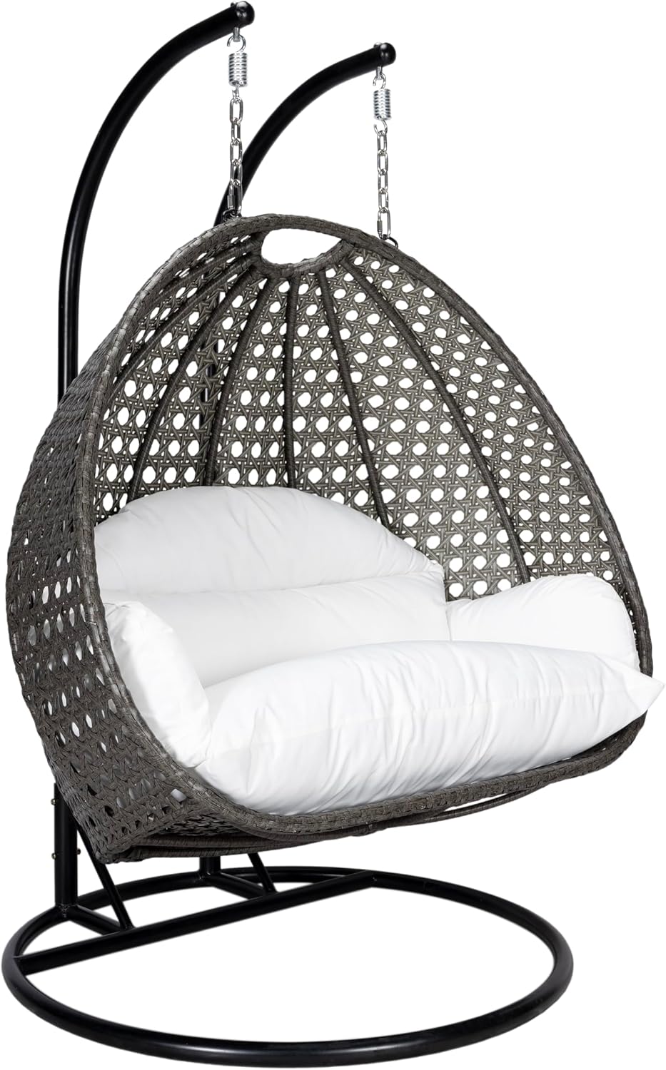 LeisureMod 2 Person Wicker Hanging Egg Chair, Indoor Outdoor Patio Swing with Black Stand & UV-Resistant Cushions, Lounge Chair for Bedroom & Garden, White