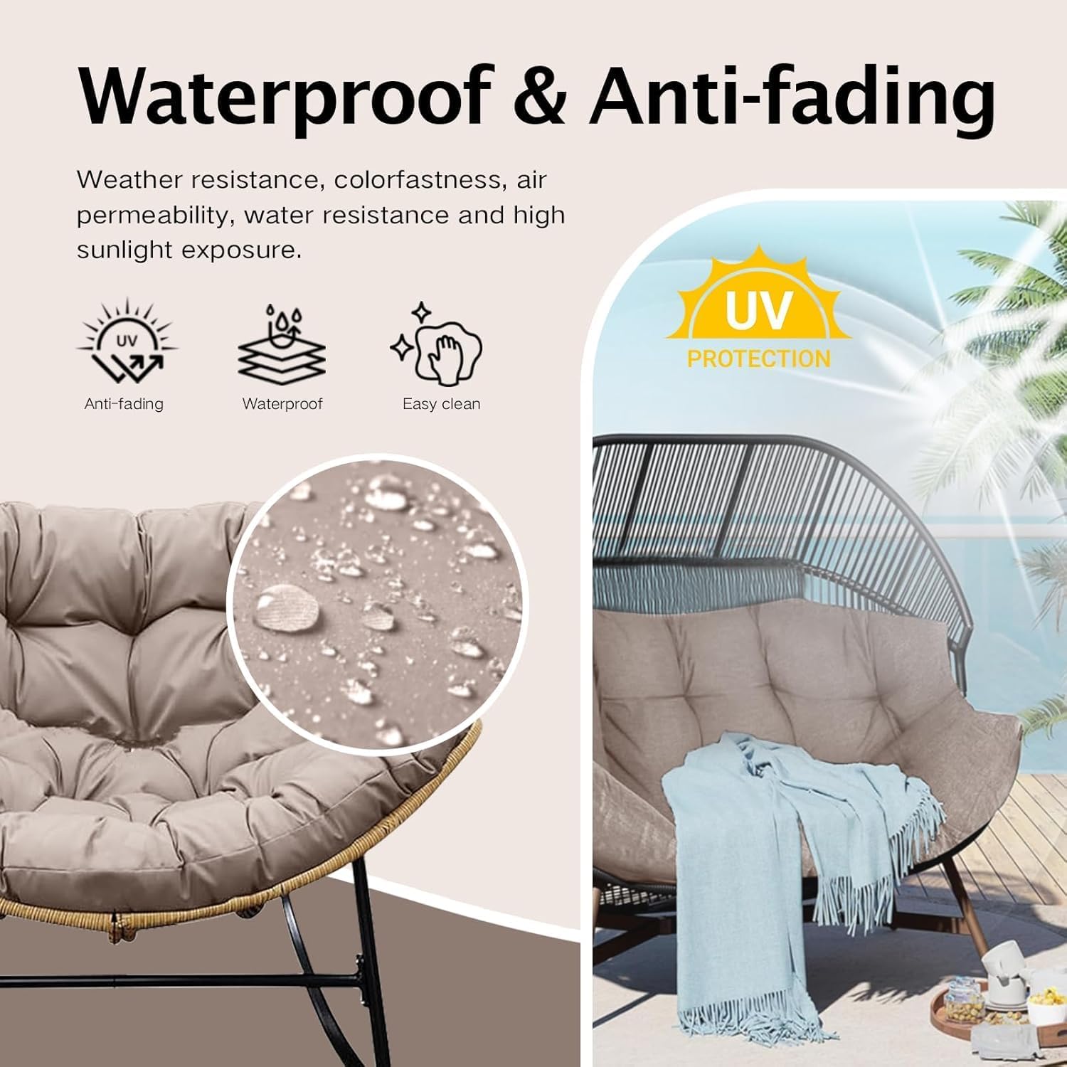 Thickened Waterproof Papasan Rocking Chair Cushion – 6.3'' Patio Egg Chair Pad with Ties, Outdoor/Indoor Rattan Hammock Chair Cushion for Porch, Garden, Balcony (Only Cushion) (Beige)