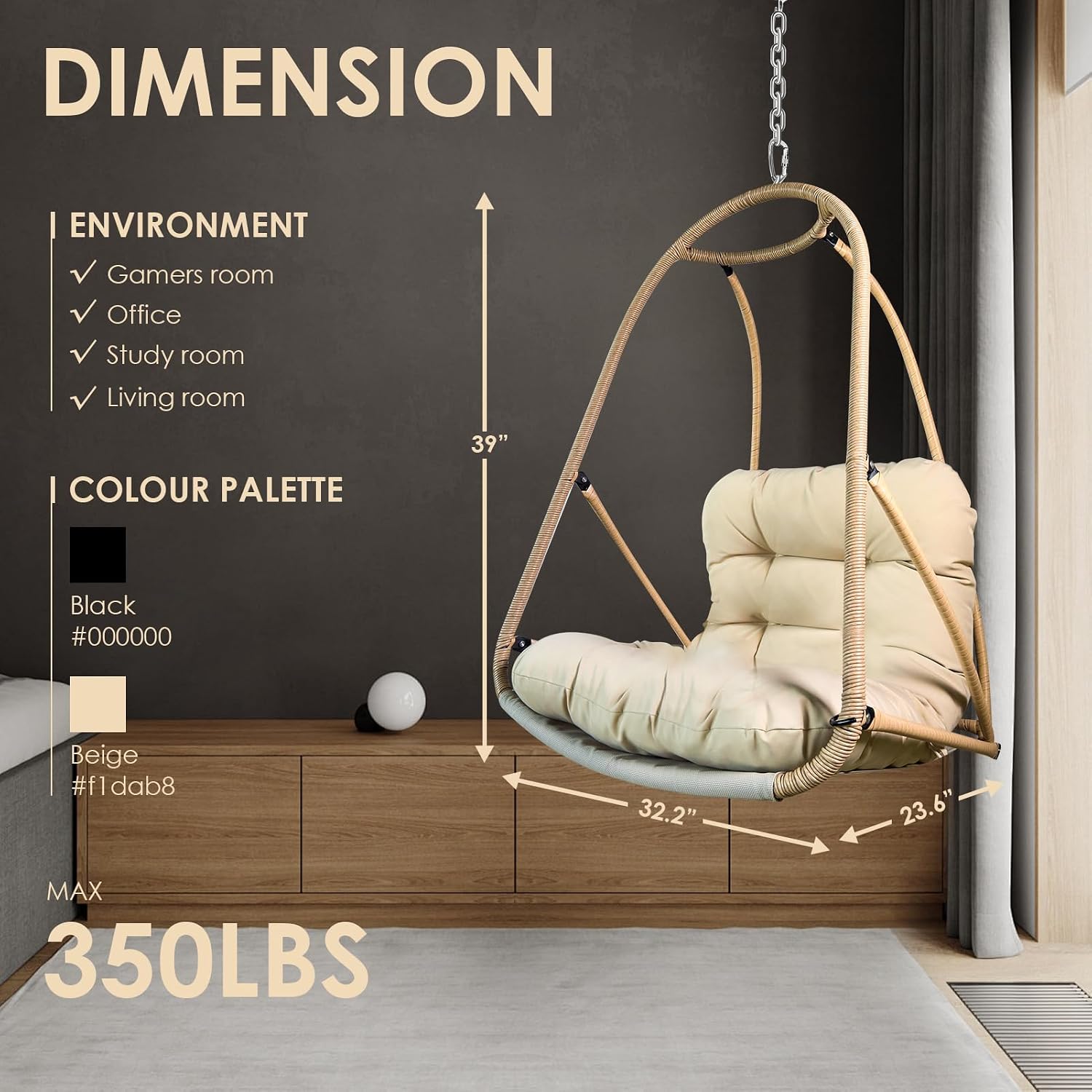 JESE Swing Egg Chair Foldable Frame Hanging Chairs, UV Resistant Waterproof Cushion and Cup Holder,Swing Hammock Chairs for Patio,Bedroom,Balcony, Garden-350lbs, No Stand, Brown