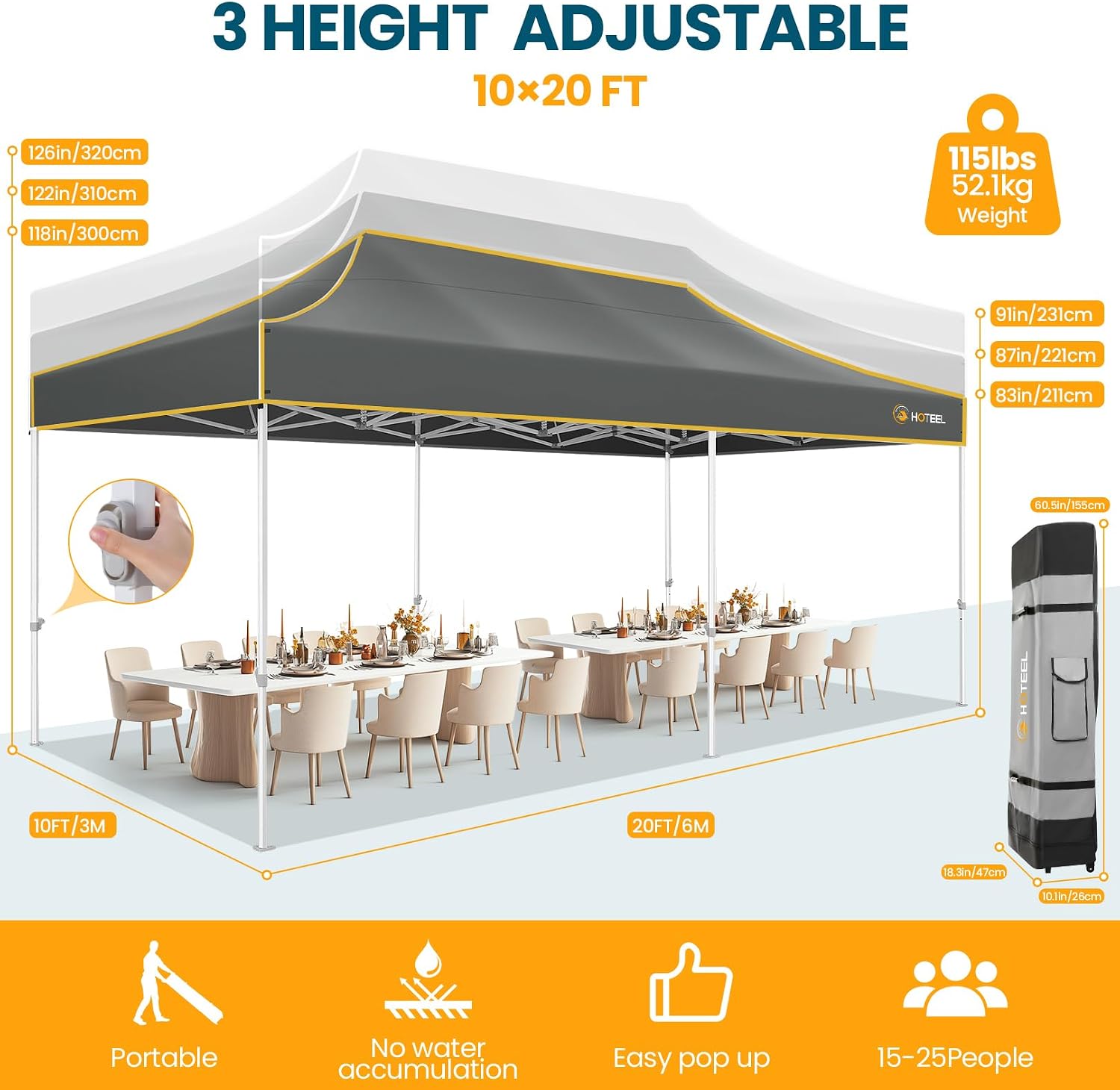 Hoteel 10x20 Pop Up Canopy Tent Heavy Duty with 6 Sidewalls, Waterproof Party Tent, Easy Set-up Commercial Instant Tents with Roller Bag & Sandbags, Hexagonal Leg (1-Year Warranty)