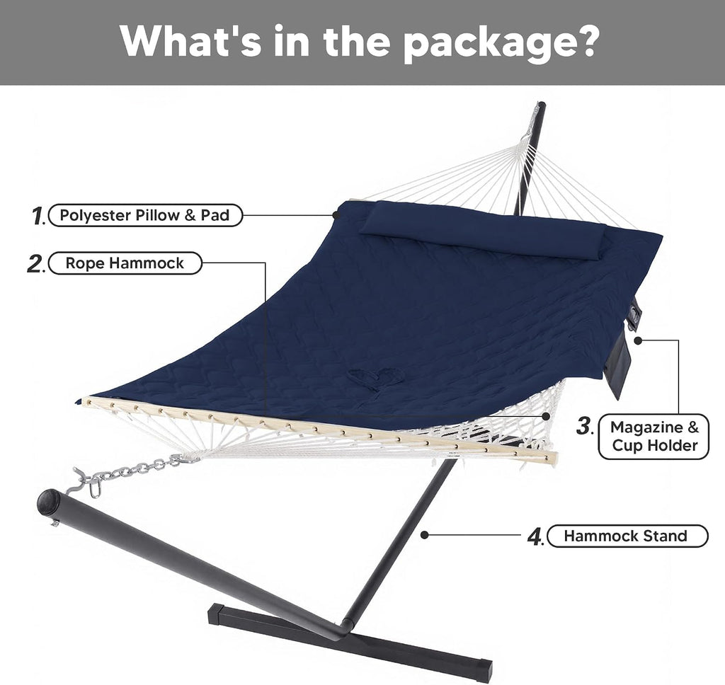 SUNCREAT Two Person Hammock with Stand, Carrying Bag, Heavy Duty Backyard Hammock and Stand, Navy Drops