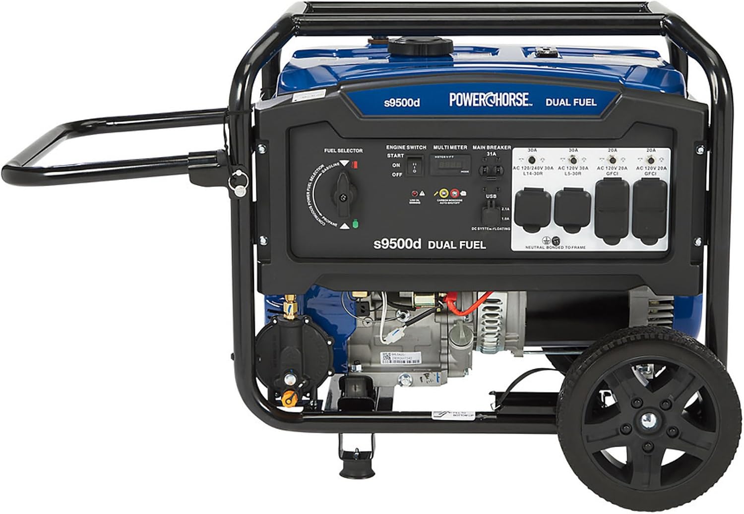 Powerhorse Portable Generator, 9500 Surge Watts, 7500 Rated Watts, 120/240V, Dual Fuel, Electric Start, CO Shutdown