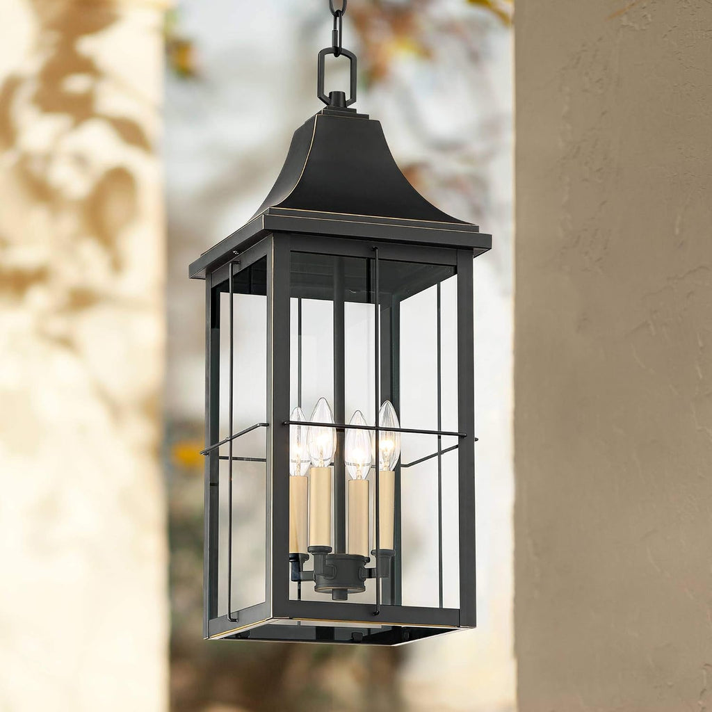 John Timberland Sunderland Traditional Outdoor Hanging Ceiling Light Fixture Black Warm Gold 24 3/4' Clear Glass Panels Exterior House Porch Patio Outside Deck Garage Front Door Garden Home Gazebo