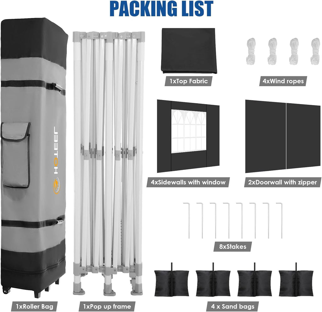 HOTEEL 10x20 Heavy Duty Pop up Canopy Tent with 6 Sidewalls, Easy Setup Outdoor Commercial Instant Tent for Parties Wedding Event, with Roller Bag & Sand Bags, Black(Hexagonal Frame)
