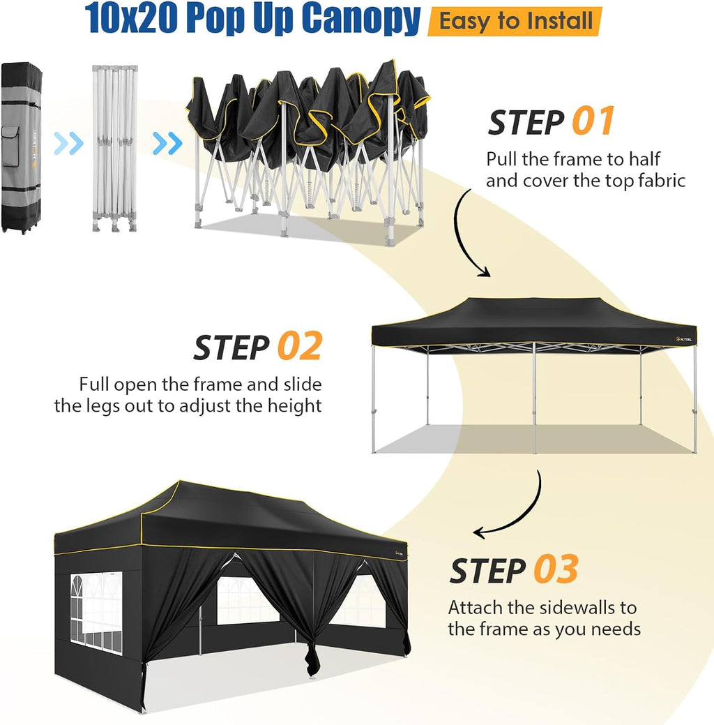HOTEEL 10x20 Heavy Duty Pop up Canopy Tent with 6 Sidewalls, Easy Setup Outdoor Commercial Instant Tent for Parties Wedding Event, with Roller Bag & Sand Bags, Black(Hexagonal Frame)