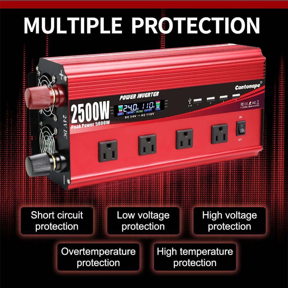 Cantonape 2500W Power Inverter 24V to 110V/120V DC to AC with LCD Display, Remote Controller 4 x AC Outlets and 4 x 3.1A USB Car Adapter for Car Truck Boat RV Solar System