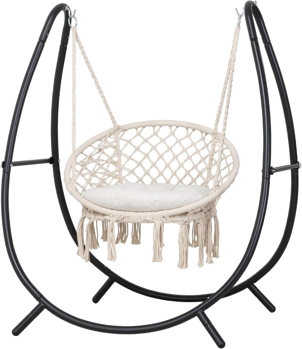 ANOW Macrame Hammock Chair with Stand for Outside, Heavy Duty Hanging Chair Stand with Swing Chair, Includes Seat Cushion, Max 400 Lbs, Natural