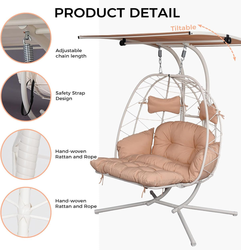 Double Egg Chair Outdoor with Stand & Canopy, 2 Person Hanging Egg Chair with Footrest, Oversized Rattan Wicker Egg Swing Chair for Bedroom Garden, 660Lbs, White-Beige