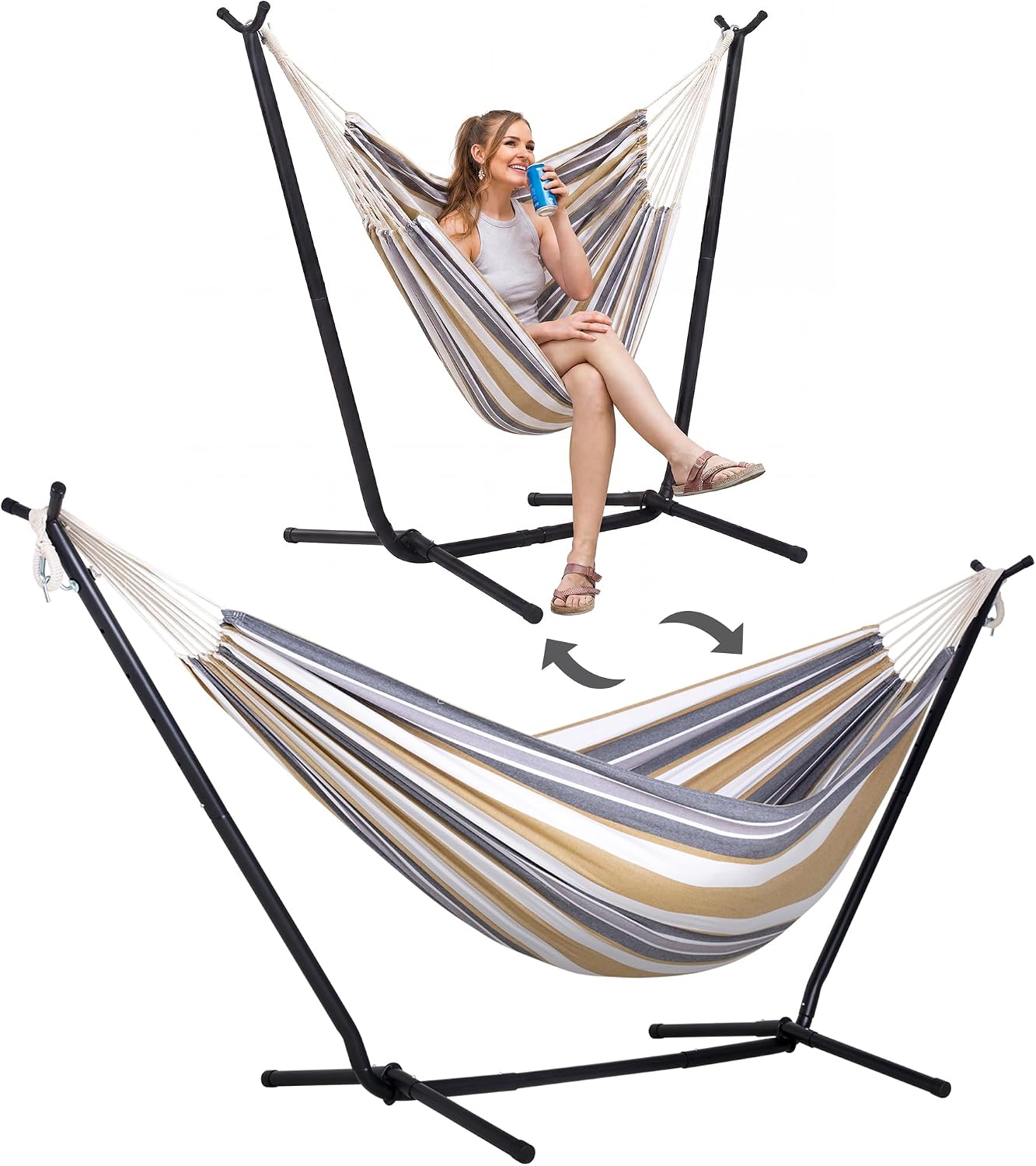SUNCREAT 2-in-1 Convertible Backyard Fabric Hammock with Stand, Large Hammocks for Outside, Coffee & White