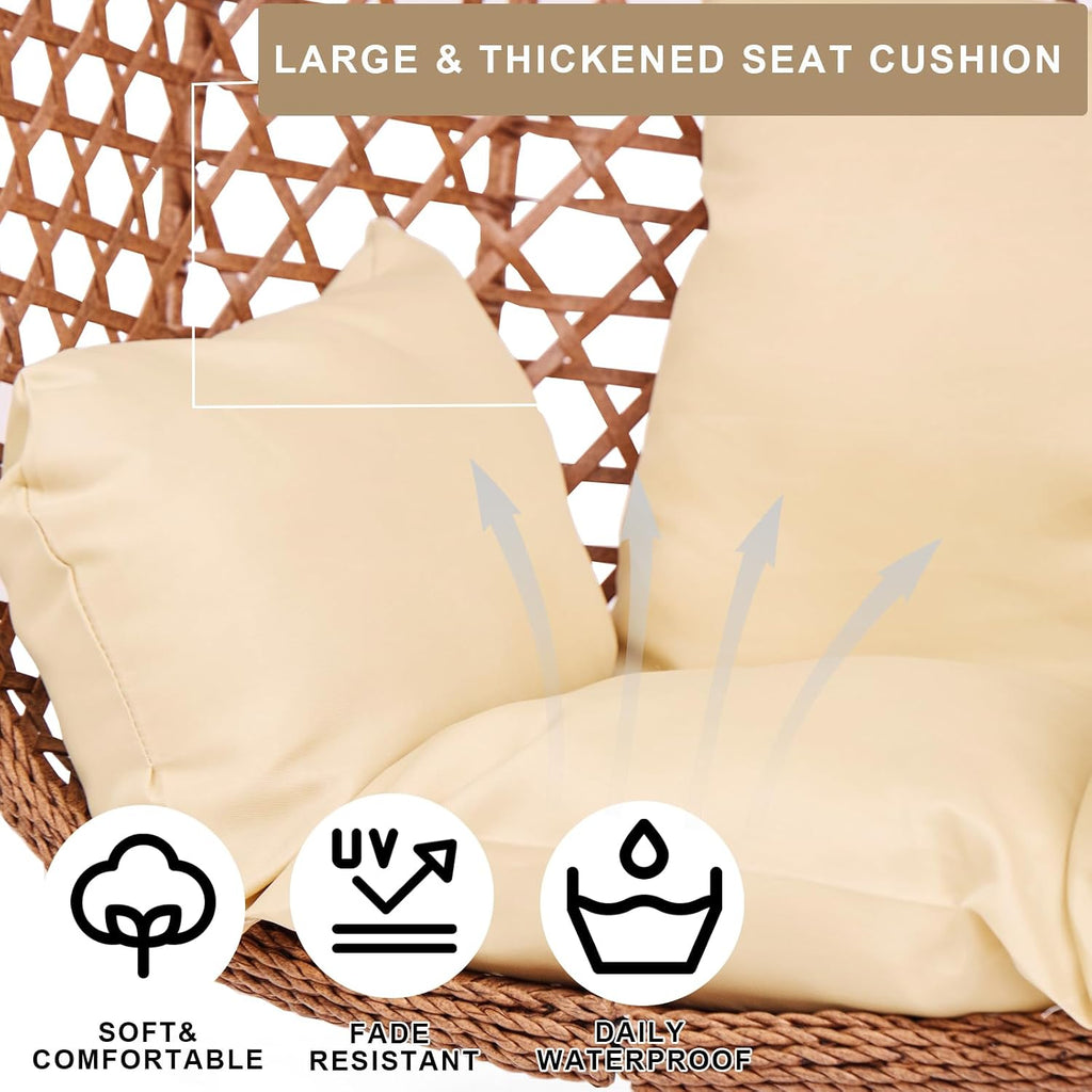 Indoor Hanging Chair with Stand for Bedroom, Patio Rattan Wicker Swing Egg Chair for Porch Garden Outdoor, Hammock Egg Swing Chair with UV Resistant Cushion, 350LBS Capacity (Beige)