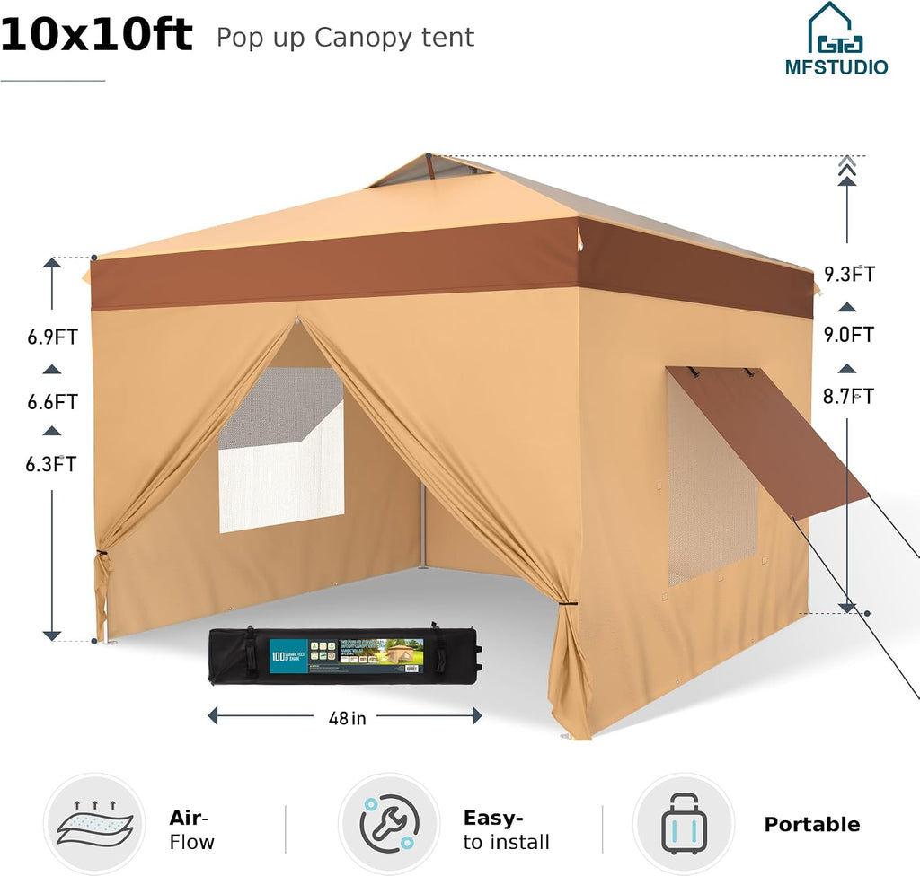 MFSTUDIO 10x10 Pop Up Canopy Tent with Removable Sidewalls, Outdoor Enclosed Instant Portable Shelter with Breathable Mesh Windows, One Person Setup, Beige