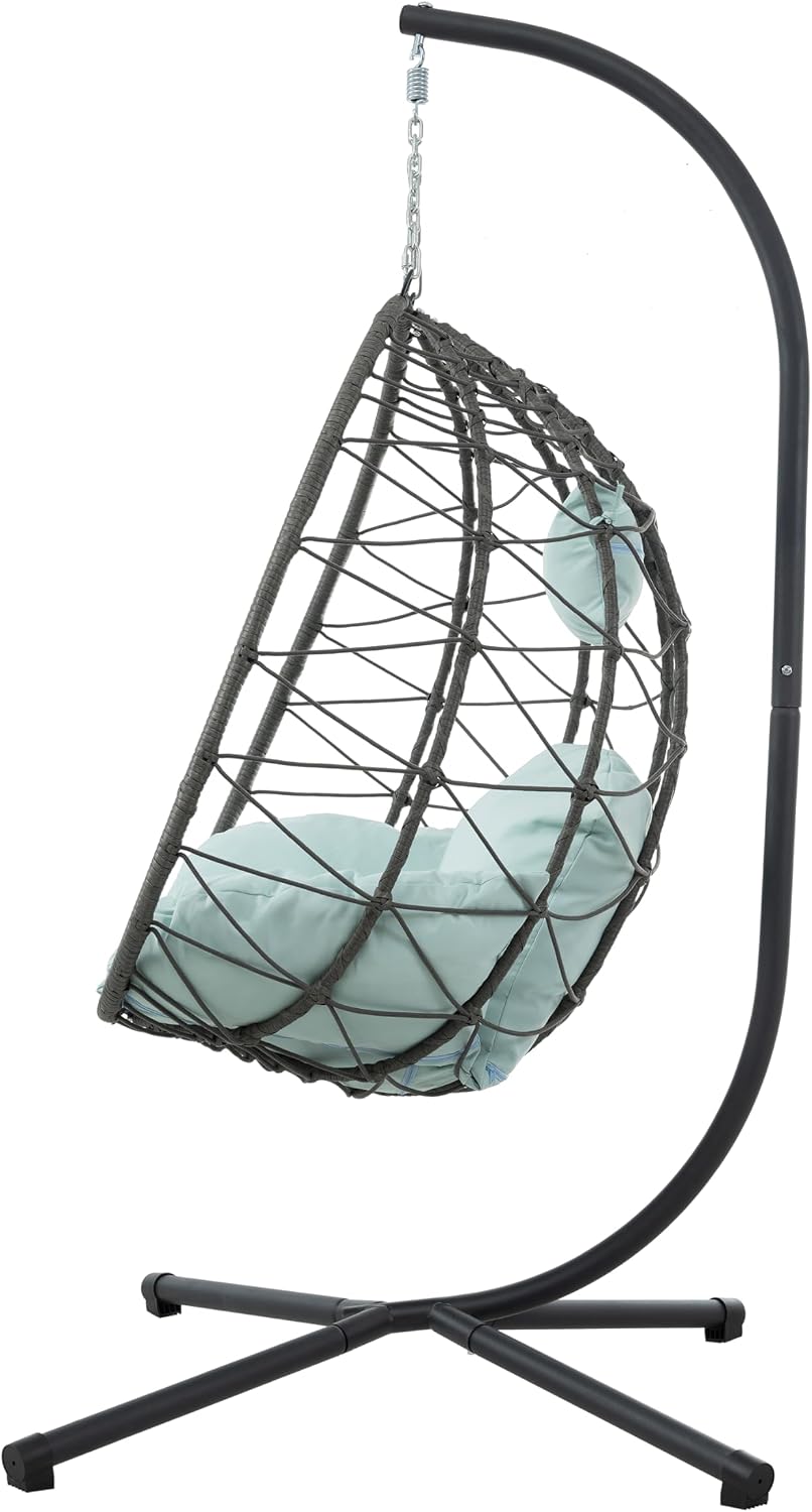 Wicker Hanging Chair with Stand,Indoor/Outdoor Swing Egg Chair with Cushion,Hammock Chair for Bedroom Living Room Patio Balcony Porch Garden,350Lbs Capacity Blue 1 Seat