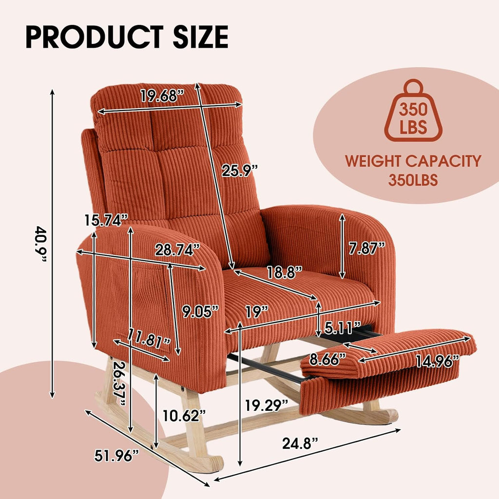 NIOIIKIT Nursery Rocking Chair, Corduroy Upholstered Rocking Chair with Adjustable Footrest, Tufted Rocker Chair with Side Pocket, Glider Rocker for Living Room, Bedroom (Orange Retro)