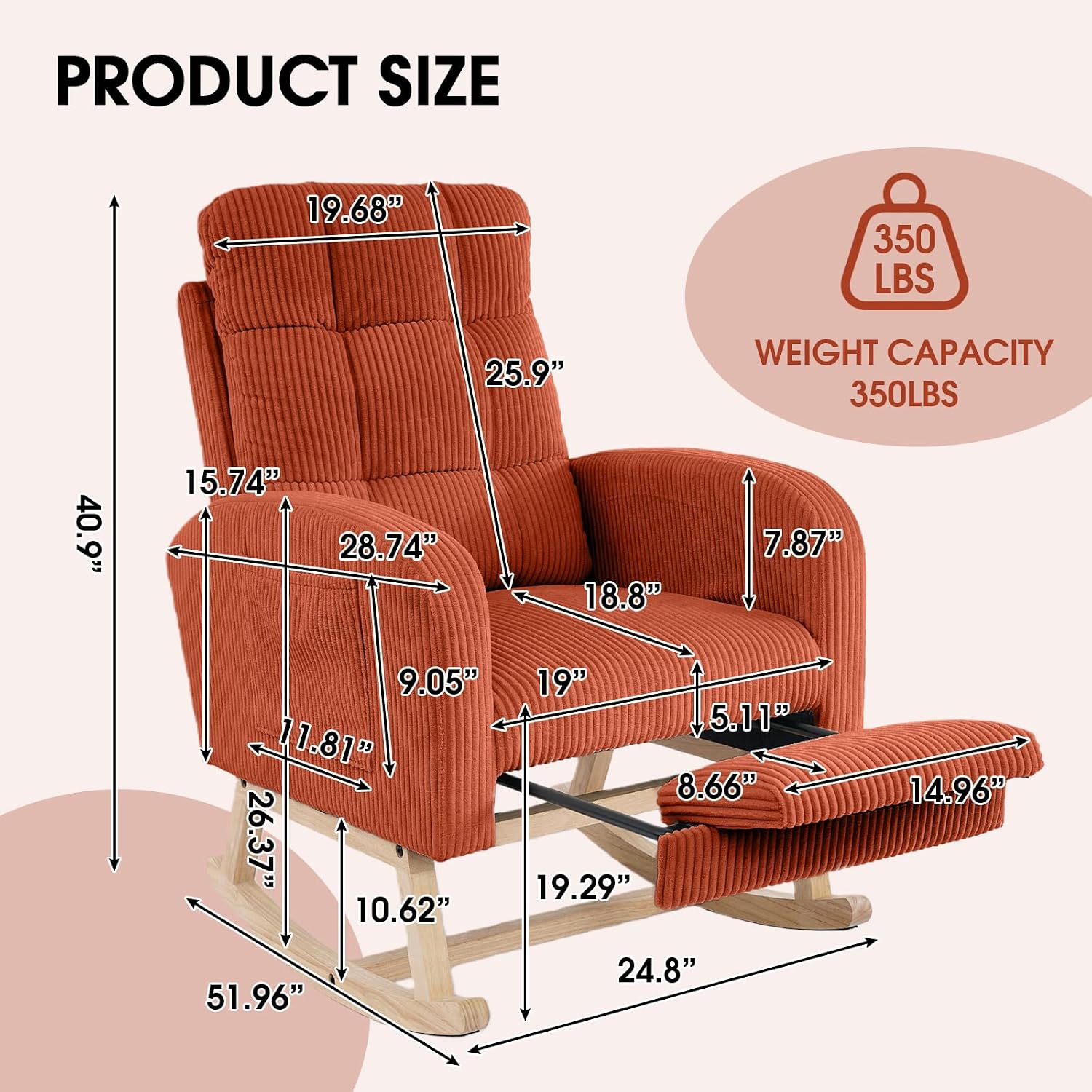 NIOIIKIT Nursery Rocking Chair, Corduroy Upholstered Rocking Chair with Adjustable Footrest, Tufted Rocker Chair with Side Pocket, Glider Rocker for Living Room, Bedroom (Orange Retro)