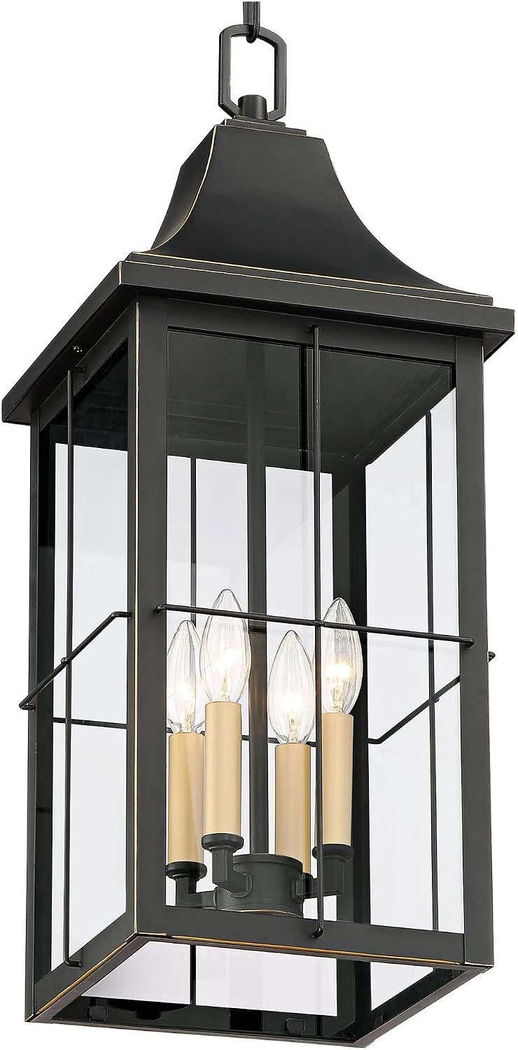 John Timberland Sunderland Traditional Outdoor Hanging Ceiling Light Fixture Black Warm Gold 24 3/4' Clear Glass Panels Exterior House Porch Patio Outside Deck Garage Front Door Garden Home Gazebo