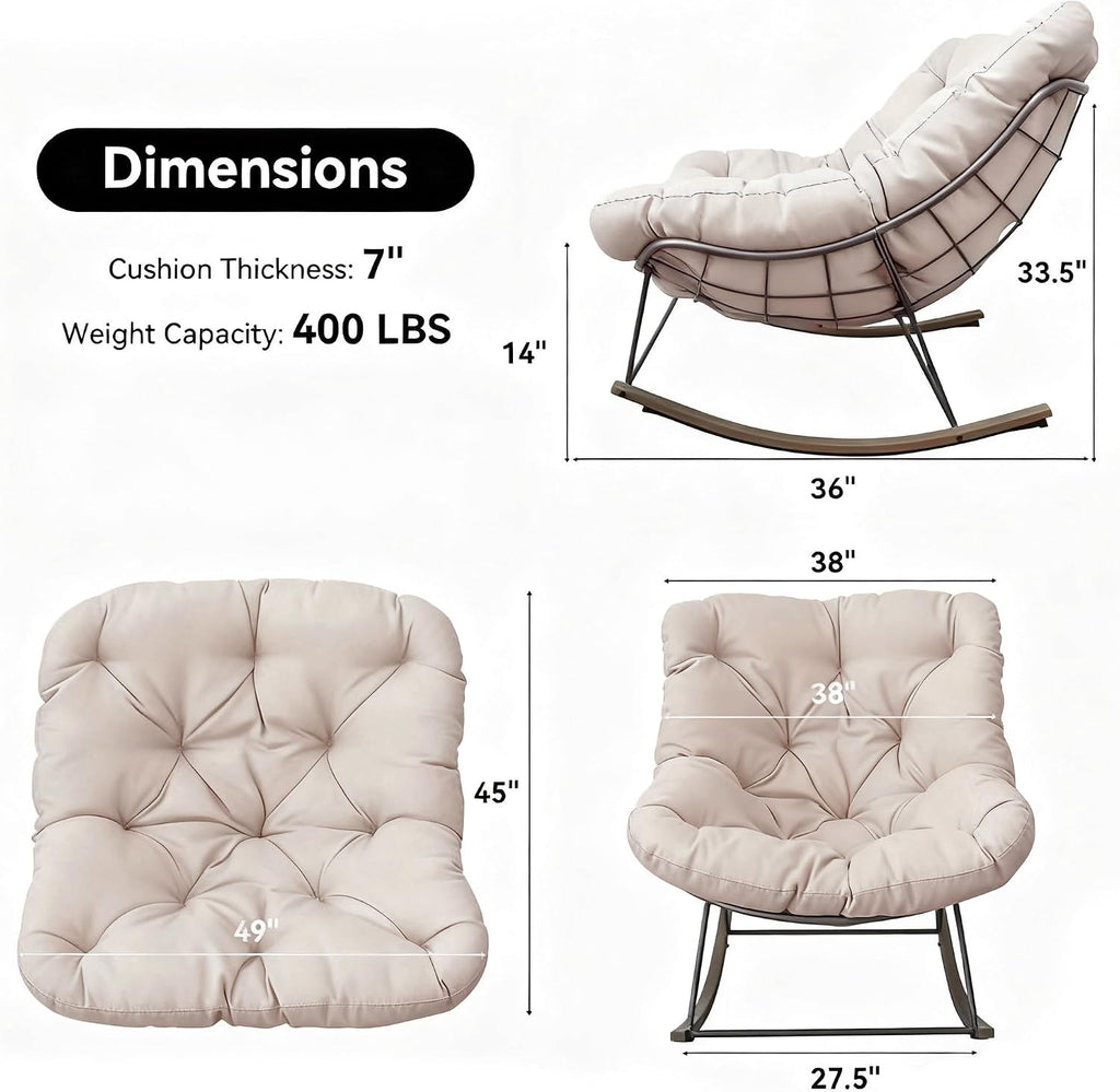 Outdoor Rocking Chairs Set of 2,Oversized Papasan Chair with Cushion and Frame, Comfy Modern Rocker Egg Chair for Living Room, Garden Backyard(Beige,2PC)