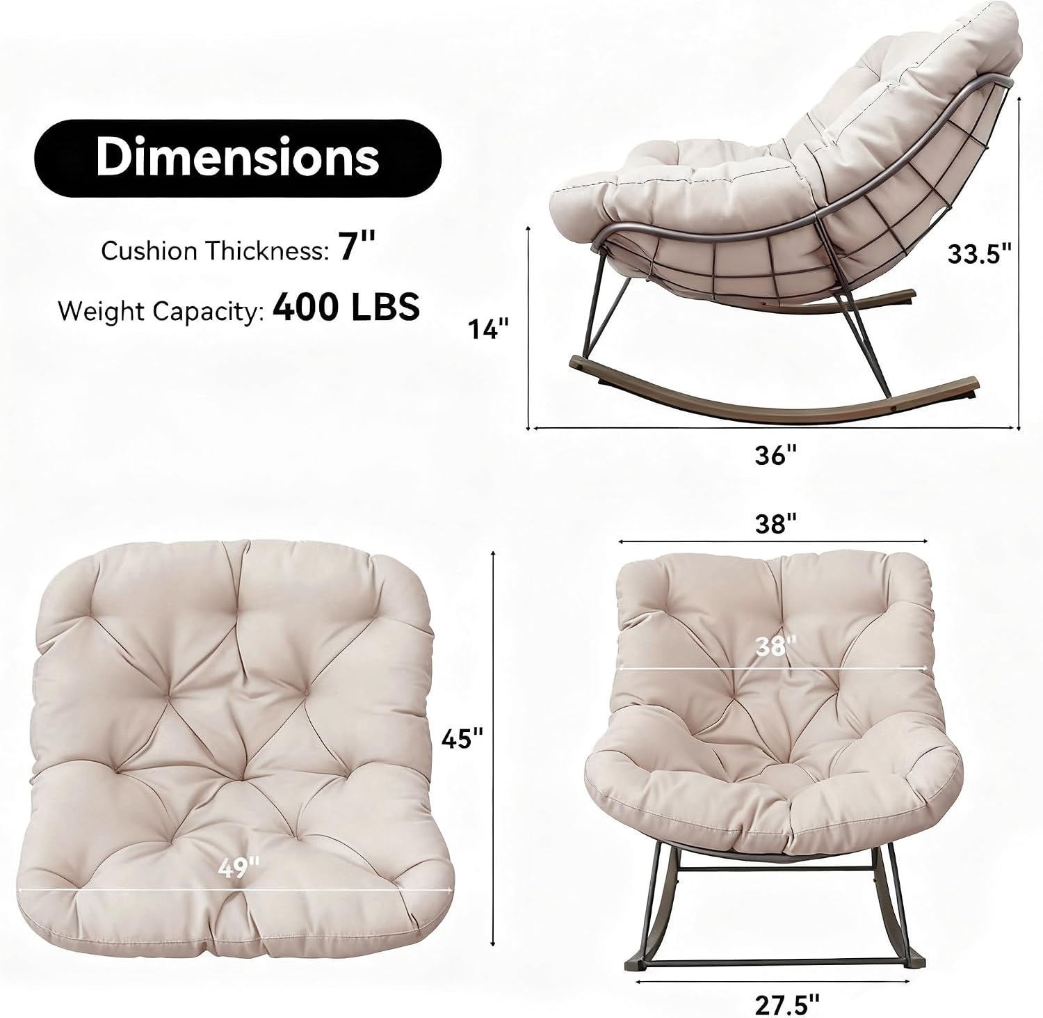Outdoor Rocking Chairs Set of 2,Oversized Papasan Chair with Cushion and Frame, Comfy Modern Rocker Egg Chair for Living Room, Garden Backyard(Beige,2PC)
