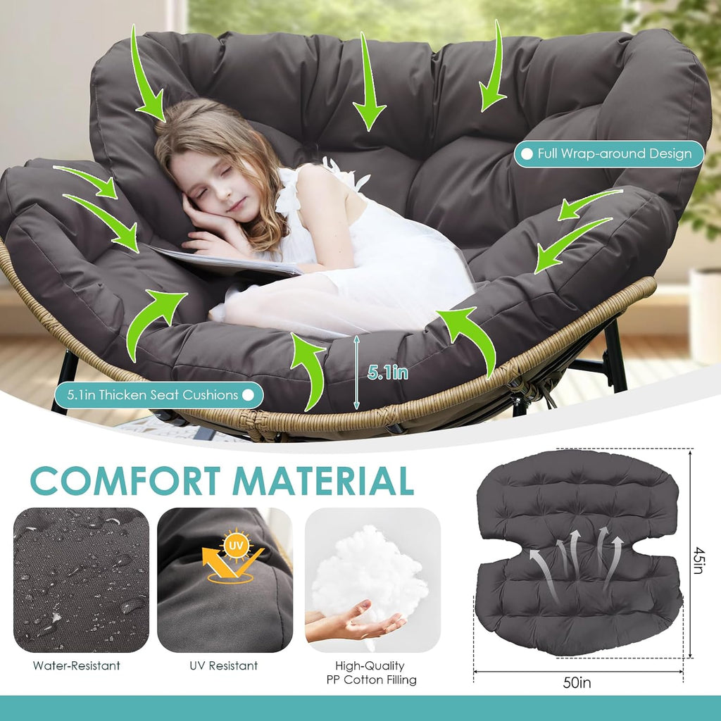 RADIATA Outdoor Papasan Rocking Chair with Cushion, Oversized Patio Lounge Rocker, All Weather PE Wicker Comfy Egg Rocking Chairs, 450 lbs Heavy Duty Recliner Glider for Balcony, Porch, Garden, Grey