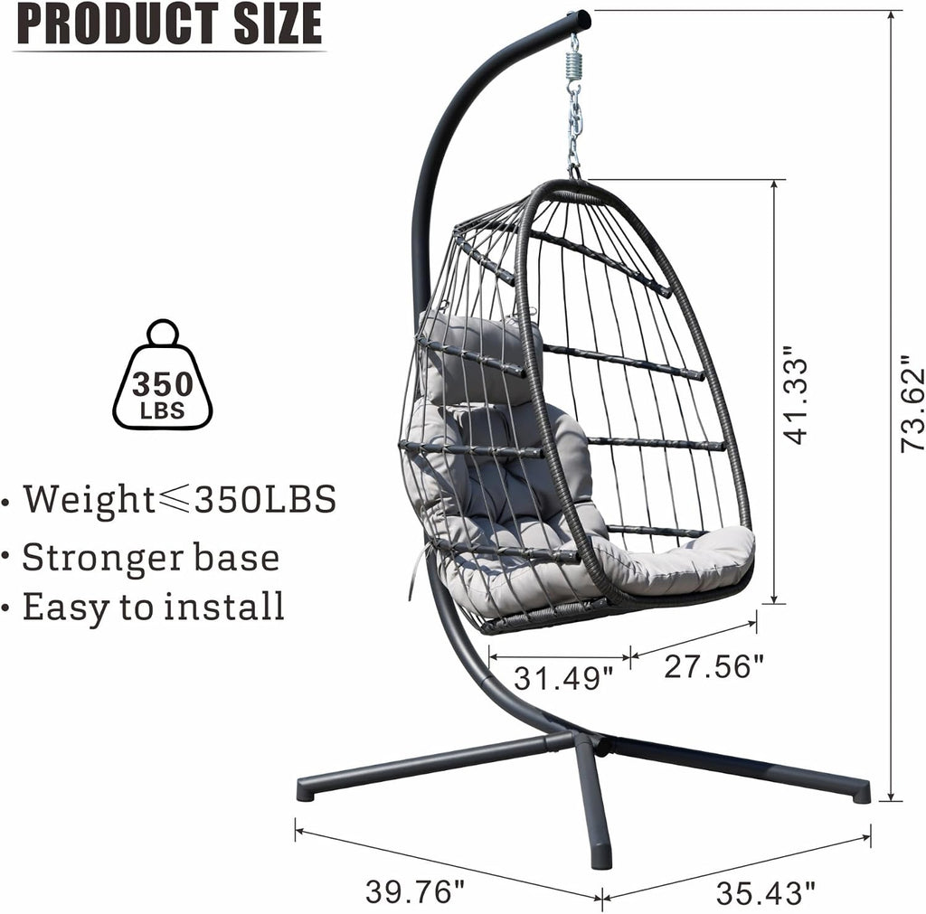 HWB Hanging Egg Chair with Stand, Patio Wicker Egg Swing Chair with Cushion for Bedroom Garden Indoor Outdoor (Grey)