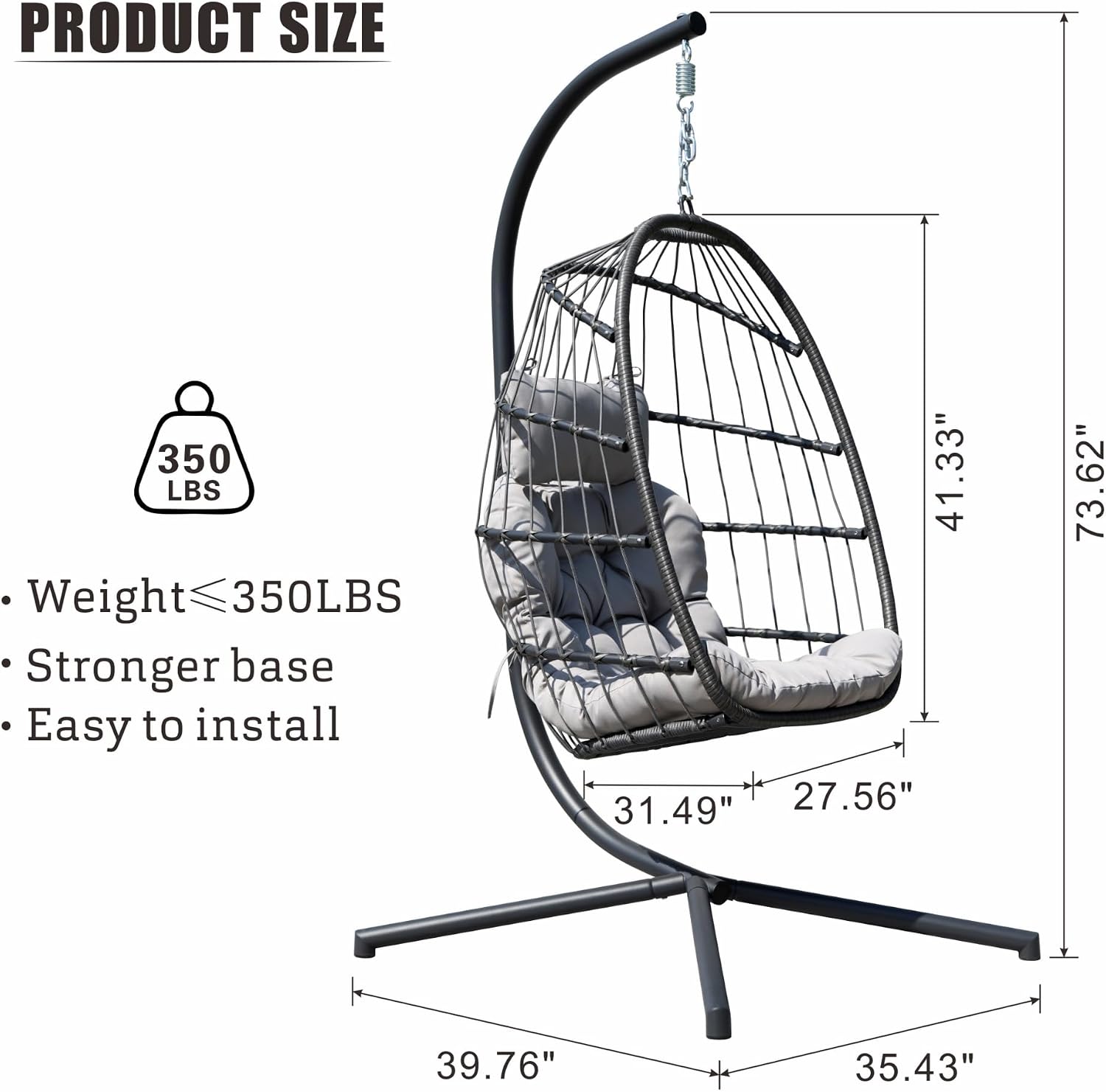 HWB Hanging Egg Chair with Stand, Patio Wicker Egg Swing Chair with Cushion for Bedroom Garden Indoor Outdoor (Grey)