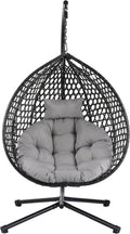 Hanging Egg Chair with Stand, Indoor Outdoor Hammock Swing Chair, 330 lbs Capacity, HDPE Rattan, Iron Frame, Removable Cushion, Foldable Design (Black+Gray)