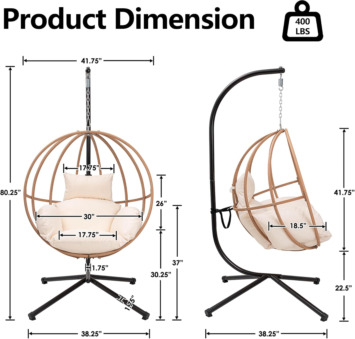 Egg Chairs Outdoor, Hanging Egg Chair with Stand, All Weather Swing Chair, Modern Swinging Egg Chairs Indoor, Metal Hanging Chairs with Cushions, Patio Lounge Chair for Balcony/Deck, Beige