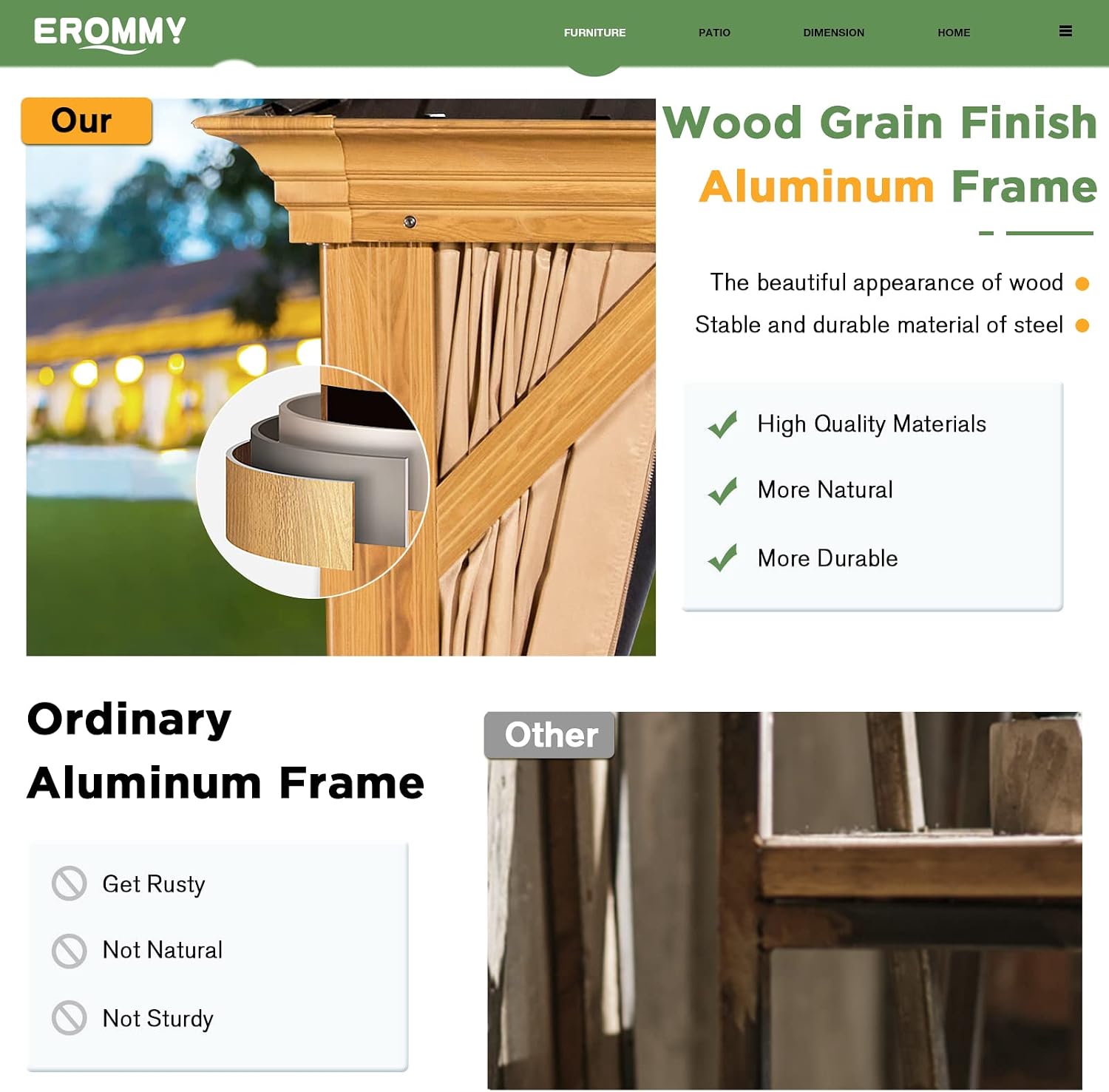 EROMMY 12x14 Gazebo, Wooden Finish Frame Gazebos with Galvanized Steel Roof for Patio & Backyard