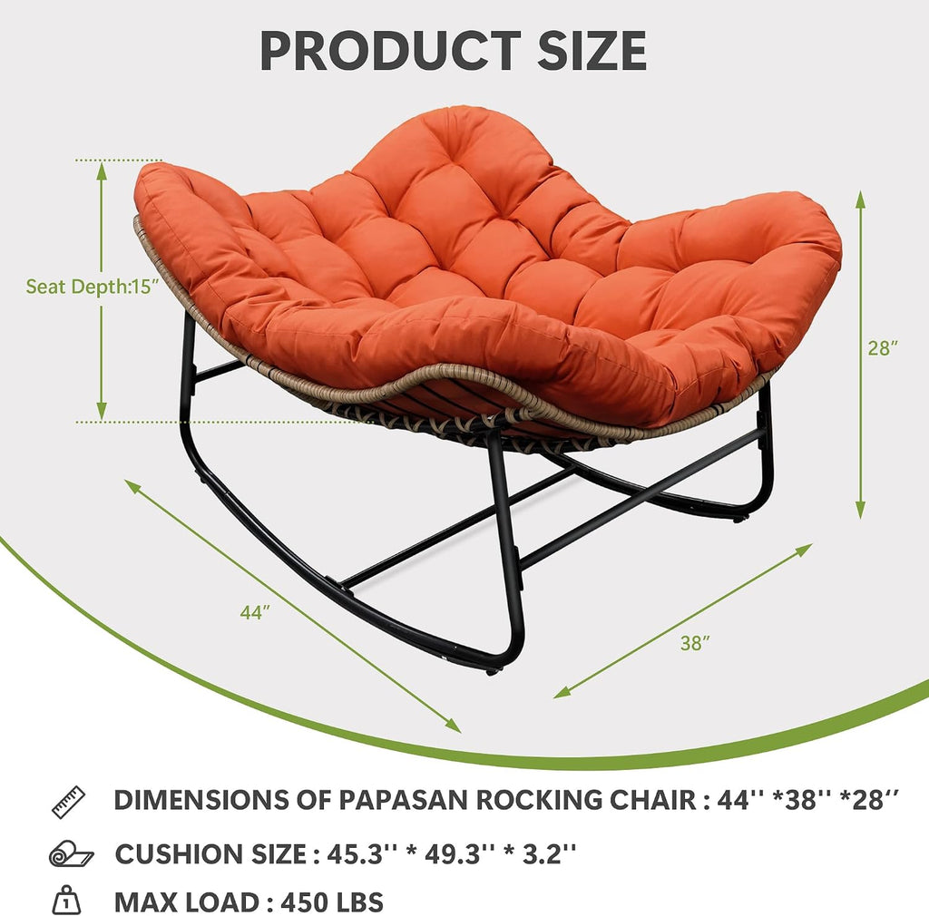 Papasan Rocking Chair, Oversized Papasan Chair with Cushion and Frame for Indoor& Outdoor, Deep Seat Egg-Shaped Rocker Chair for Garden, Deck, Living Room, Orange