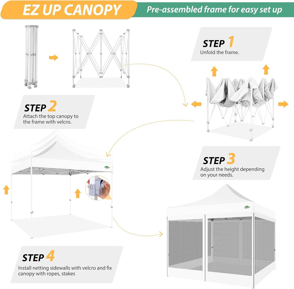 COBIZI 10x10 Pop up Gazebos with 4 Mosquito Netting Sidewalls,Heavy Duty Pop up Canopy Tent for Party,Outdoor Camping,Lawn and Backyard,Easy Set up Screen Tents with Handbag,White