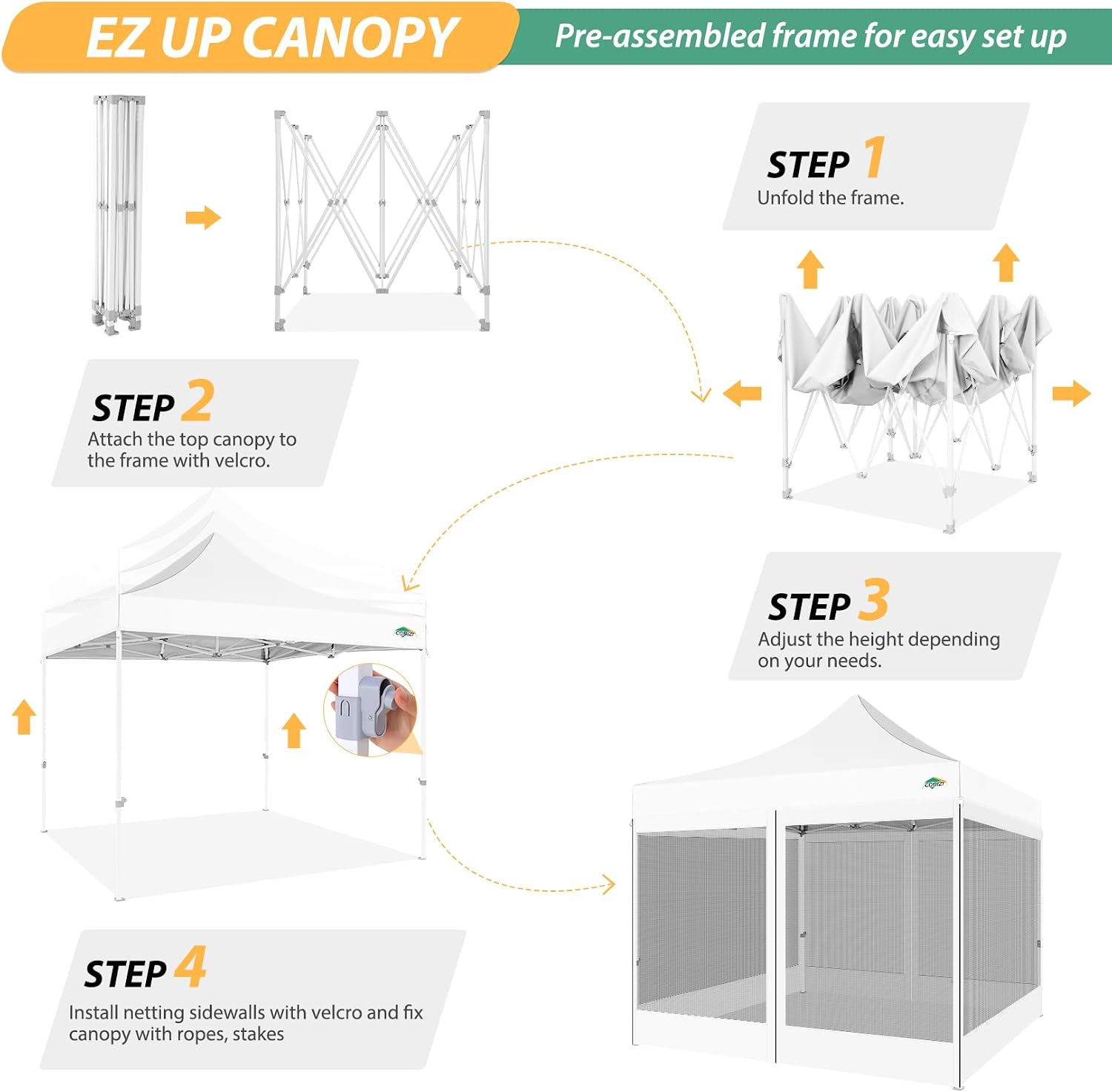 COBIZI 10x10 Pop up Gazebos with 4 Mosquito Netting Sidewalls,Heavy Duty Pop up Canopy Tent for Party,Outdoor Camping,Lawn and Backyard,Easy Set up Screen Tents with Handbag,White