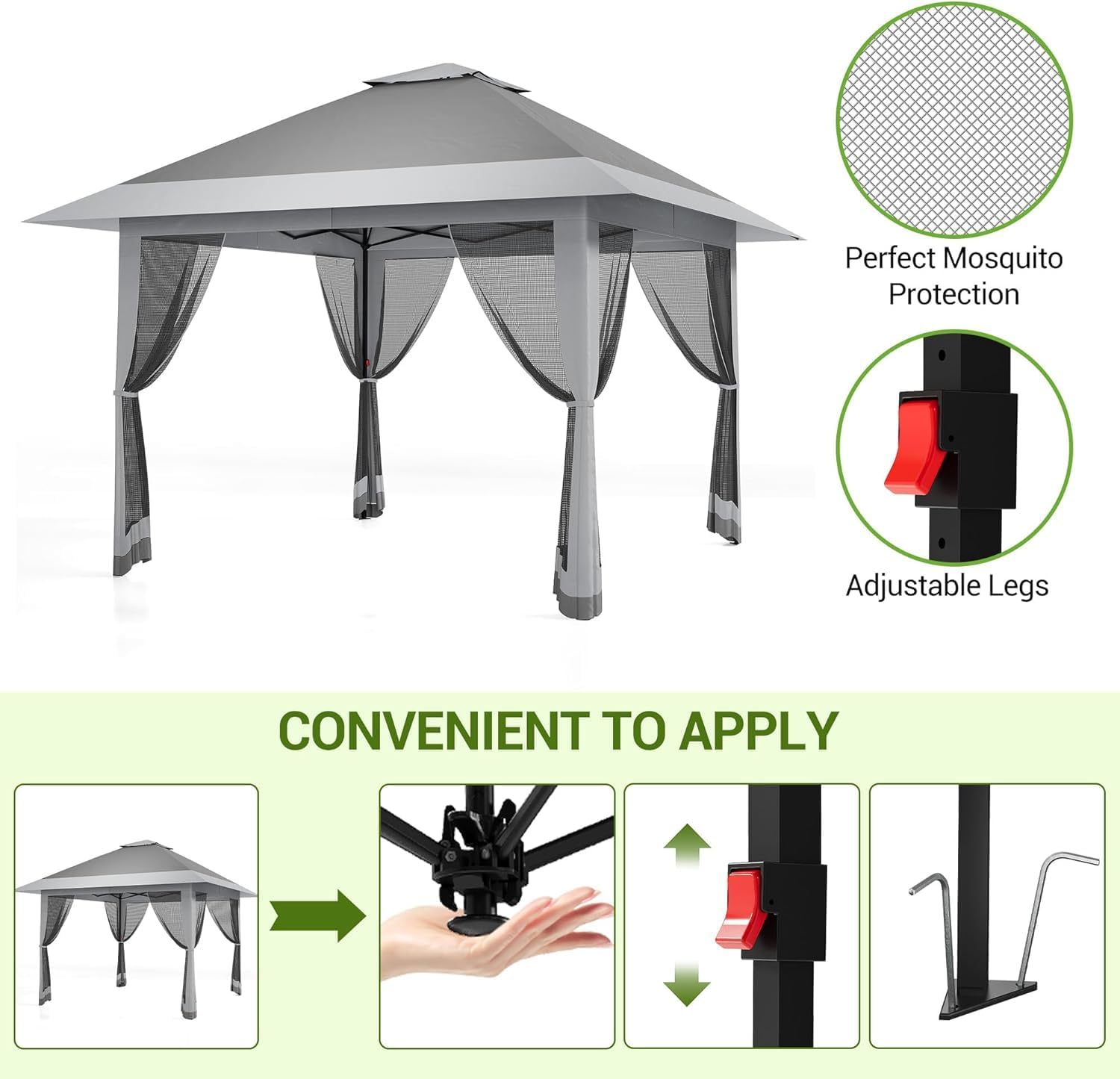 13'x13' Pop Up Gazebo, Outdoor Canopy Tent with Mosquito Netting, Pop Up Canopy with Double Roof Design & Adjustable Height, UV-Resistant Patio Gazebo Sunshade for Graden/Backyard/Lawn/Beach (Gray)