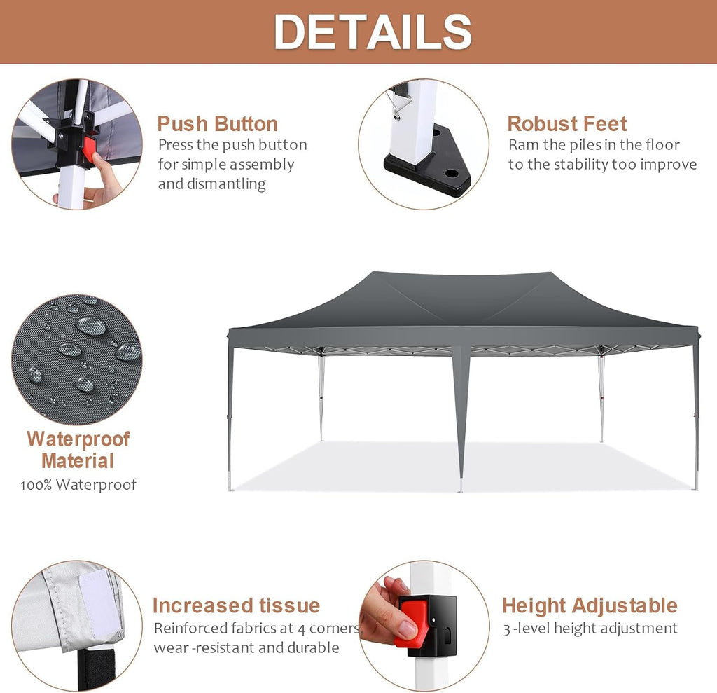 COBIZI 10x20 Pop Up Canopy with 6 Sidewalls,10x20 Canopy Tent Frame Upgraded with 3 Adjustable Heights,Waterproof UV50+ Outdoor Party Commercial Ez Up Gazebos with Carry Bag(10 x 20 ft Gray)