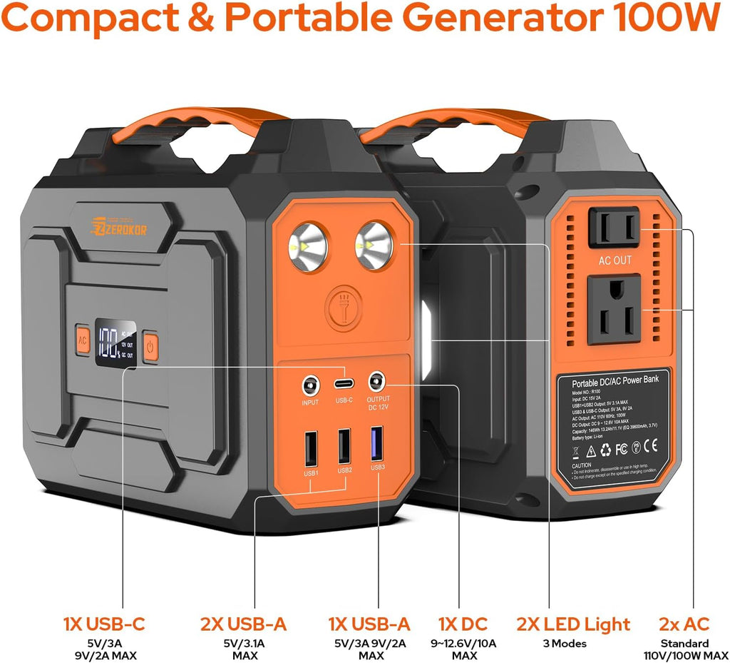 Portable Power Station with Foldable 40W Solar Panel, 100W Solar Powered Generator with Panels, AC Outlet Camping Solar Power Bank 146Wh DC Battery Pack for Smart Device RV Outdoor Power Outage