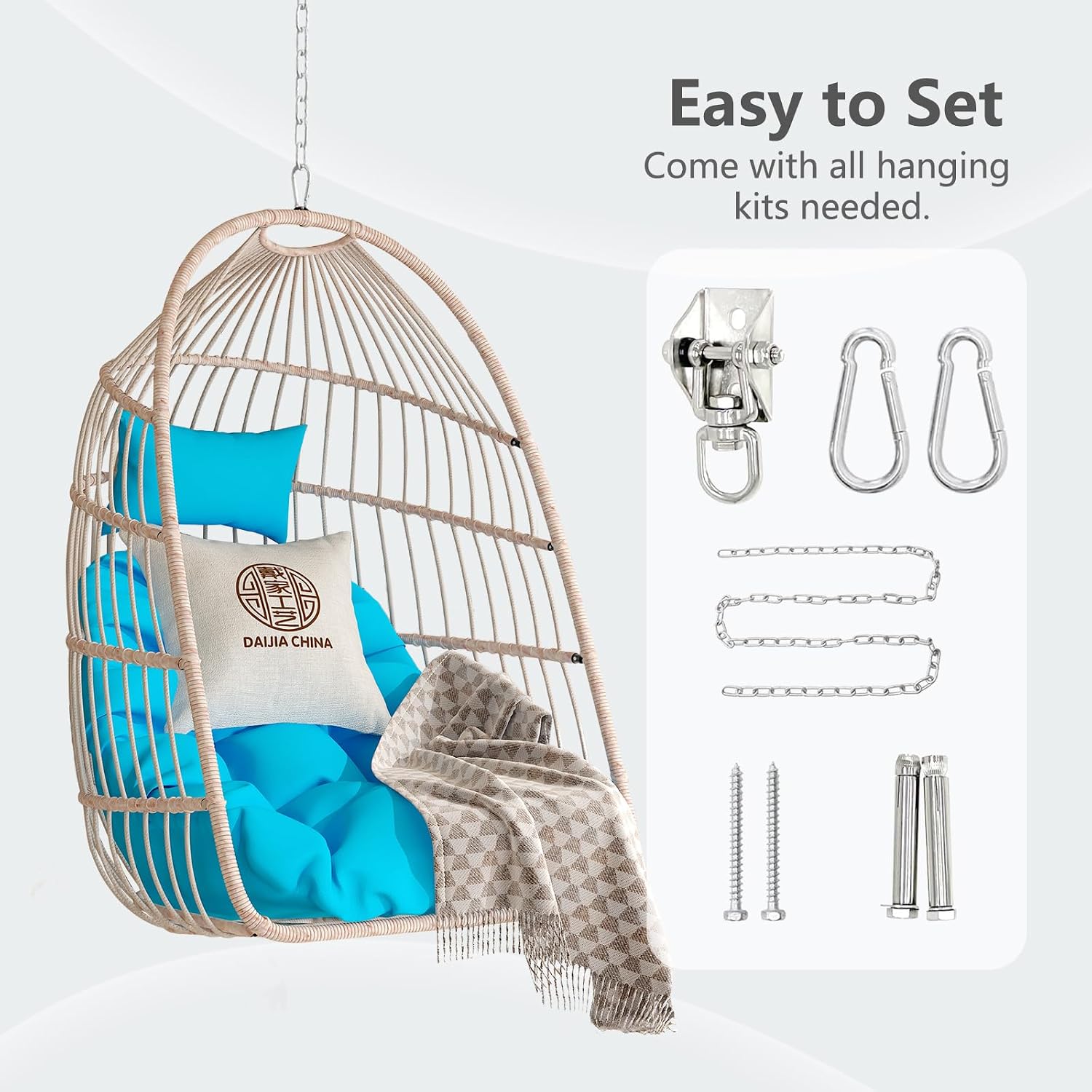 Hanging Egg Chair with Pillow, HDPE Rattan Foldable Swing Chair with Aluminum Frame & UV Resistant Cushion, Hammock Egg Basket Without Stand for Indoor Outdoor, 350Lbs Capacity, Cyan Blue