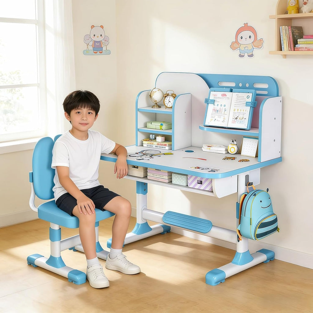 Kids Study Table and Chair Set, Height Adjustable Kids Study Desk with Cartoon Pattern, Widened Tabletop, Back Support & Spine Protect, Prevent Myopia, for Boys & Girls 3+ (blue2)