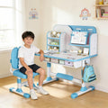 Kids Study Table and Chair Set, Height Adjustable Kids Study Desk with Cartoon Pattern, Widened Tabletop, Back Support & Spine Protect, Prevent Myopia, for Boys & Girls 3+ (blue2)