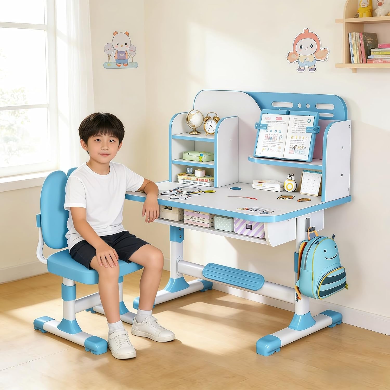 Kids Study Table and Chair Set, Height Adjustable Kids Study Desk with Cartoon Pattern, Widened Tabletop, Back Support & Spine Protect, Prevent Myopia, for Boys & Girls 3+ (blue2)