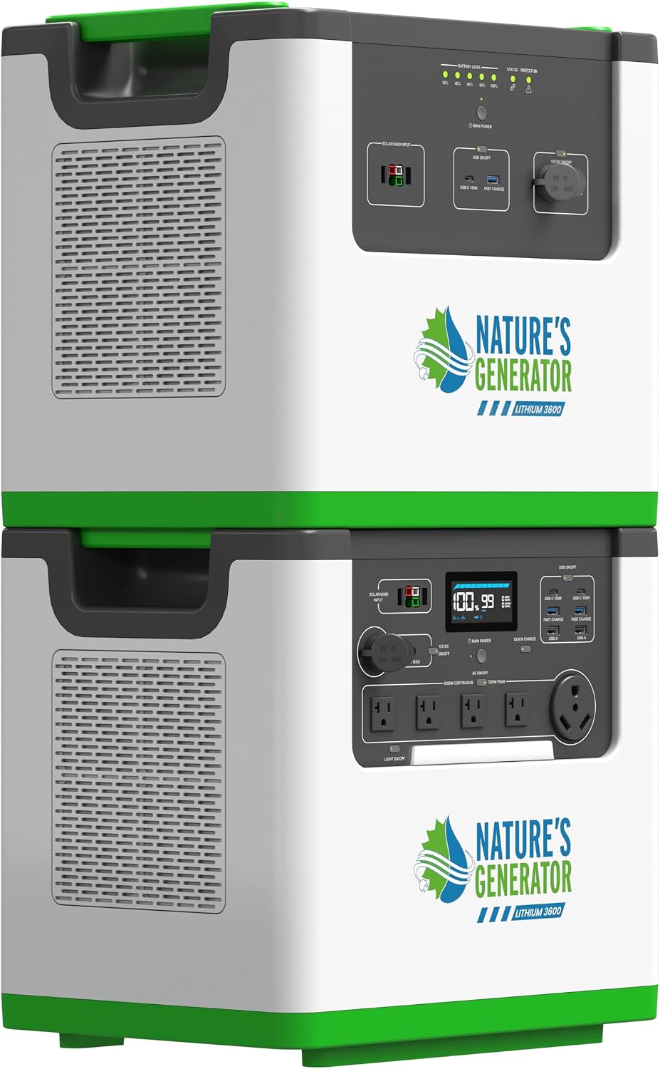 Nature's Generator Lithium 3600 Platinum WE,1 x Lithium 3600 + 1 x Pod + 4x 100w Panels + 50' Cable + 1 x Wind Turbine